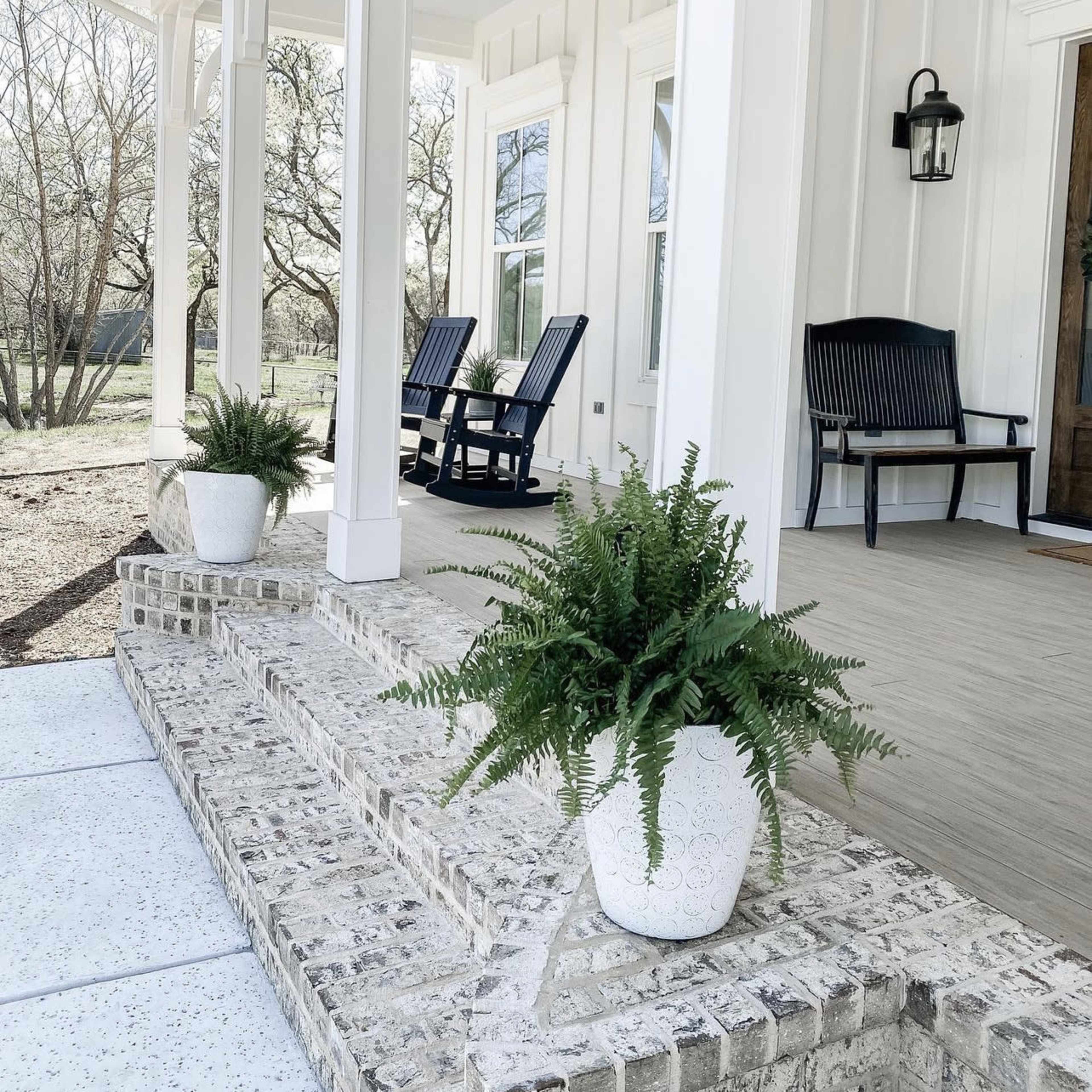 A home entrance with two rocking chairs on a porch, flanked by potted ferns on brick steps.