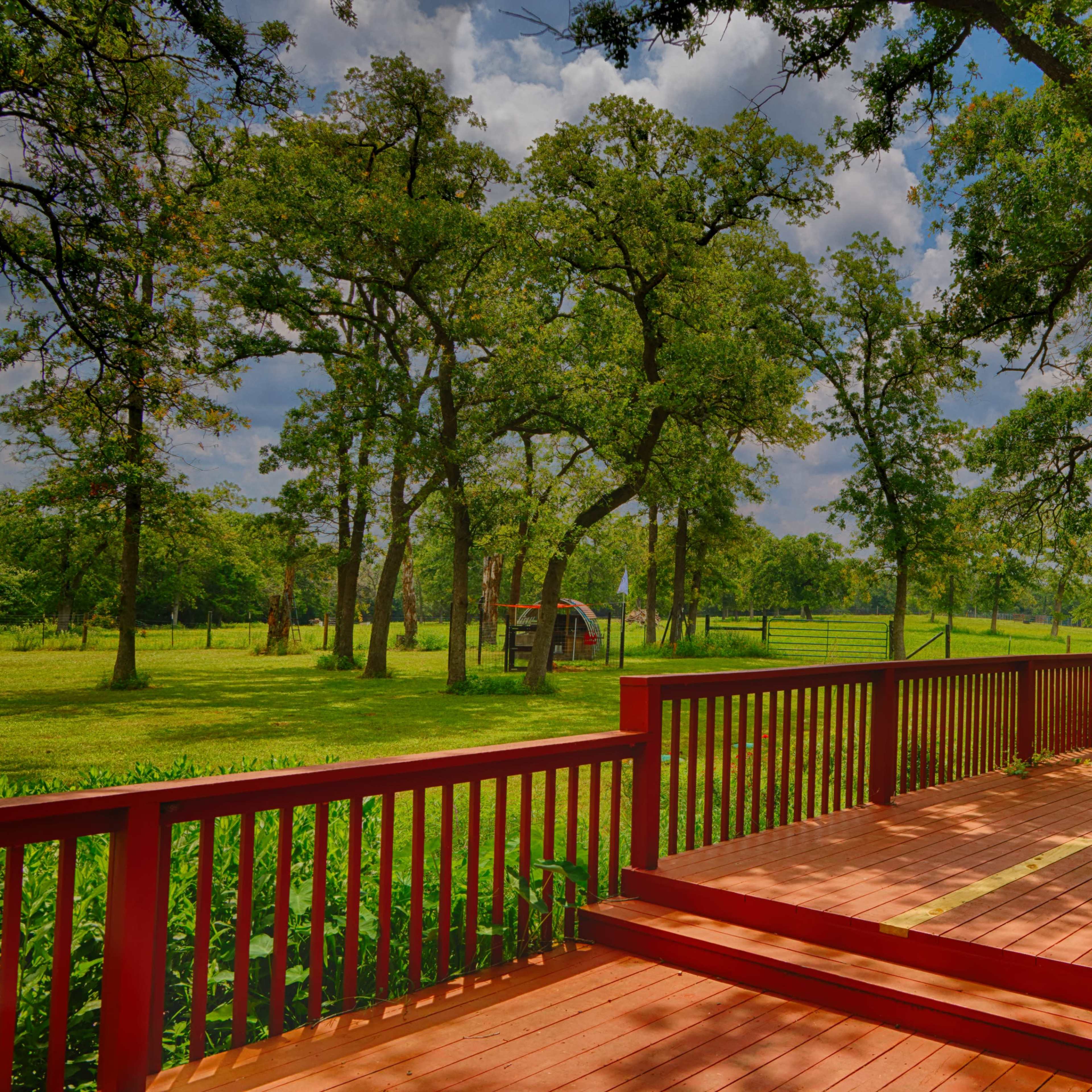 A wooden deck surrounded by trees overlooks a grassy landscape under a partly cloudy sky.