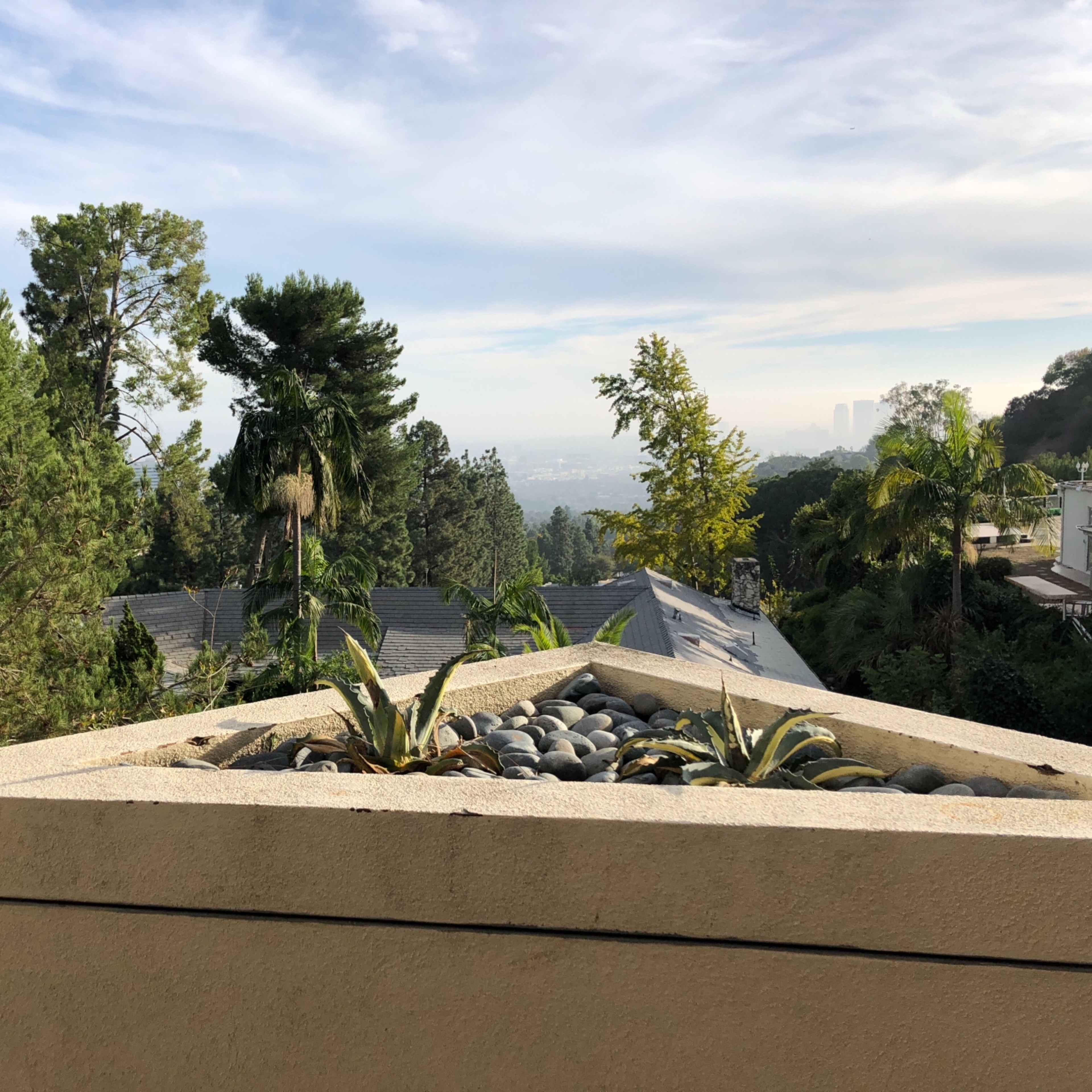 A balcony planter filled with rocks and plants, overlooking a city skyline surrounded by trees.
