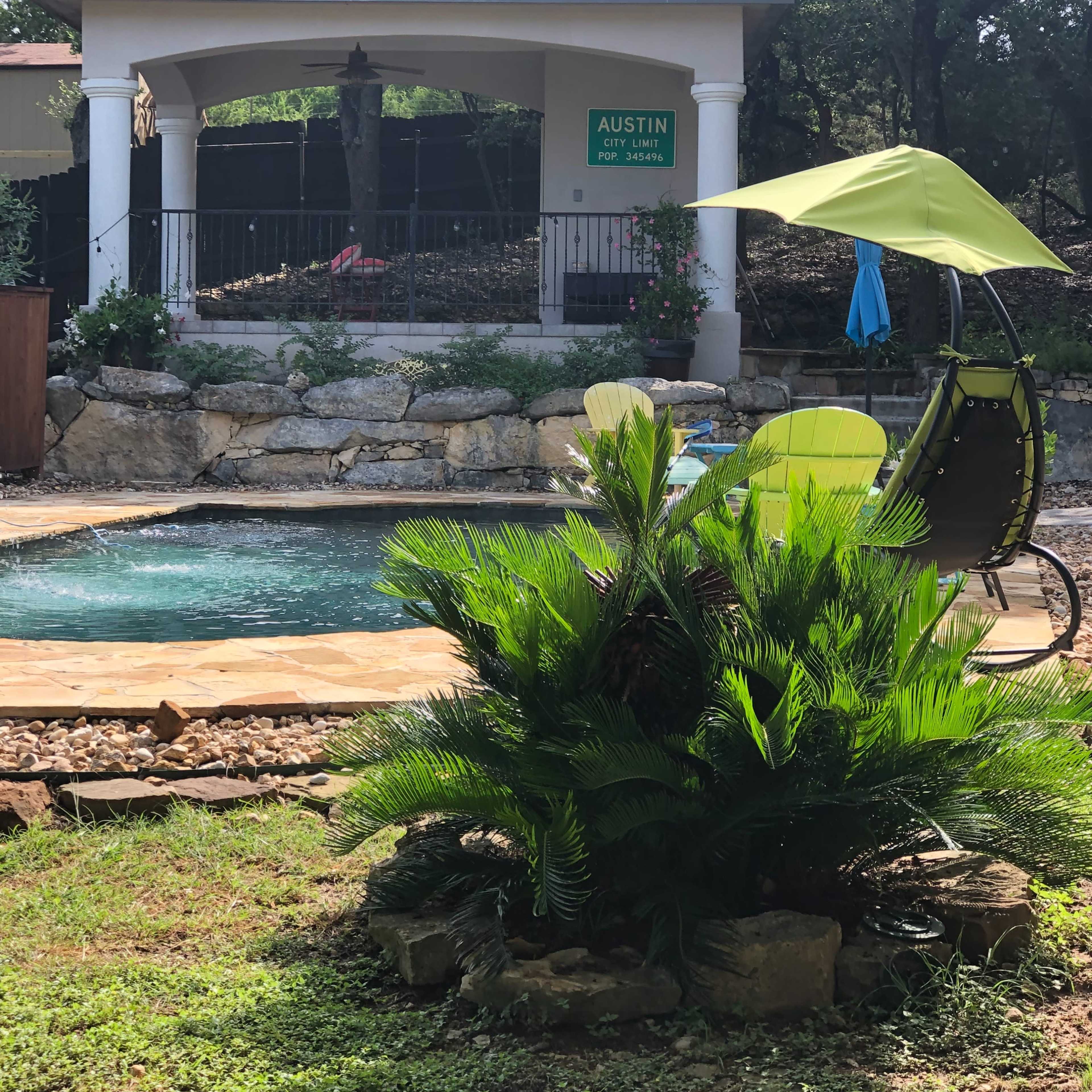 The scene features a circular pool surrounded by a stone deck, a green plant in the foreground, and a gazebo in the background with a sign that reads "AUSTIN."