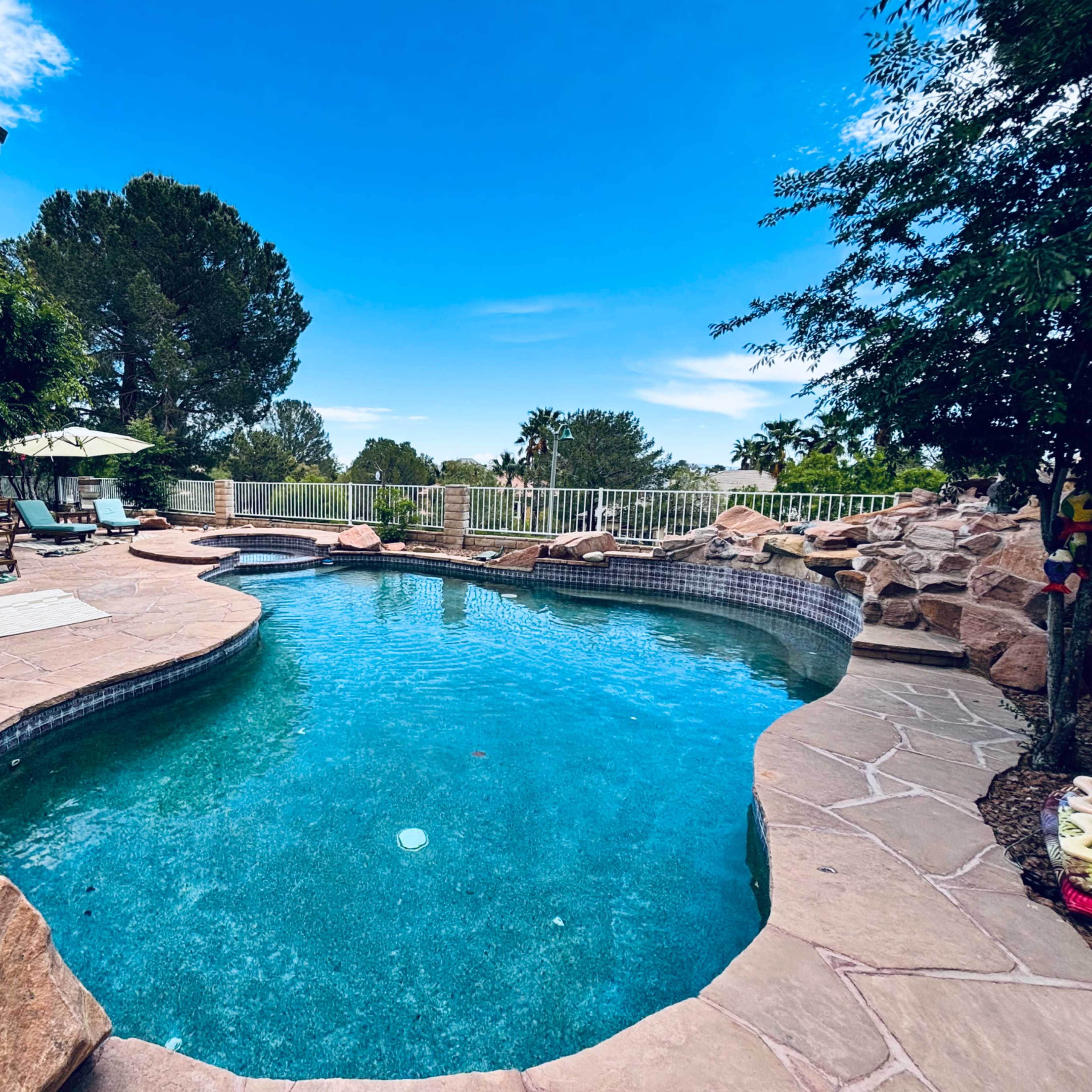A landscaped backyard pool with a rock formation and lounge chairs beside it, surrounded by palm trees and patio furniture.