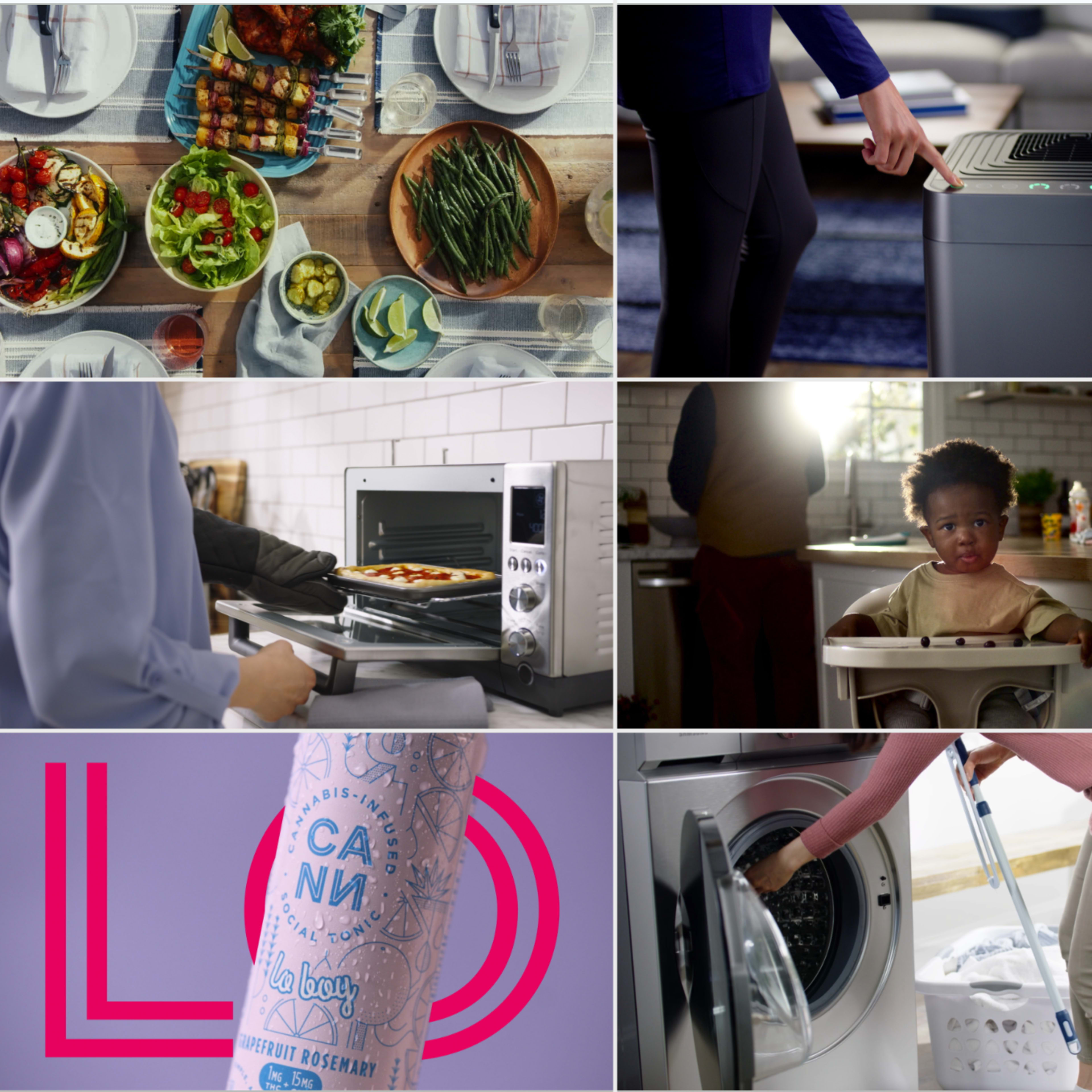 A collage of kitchen and household scenes, featuring food preparation, cooking appliances, laundry, and a baby in a high chair.