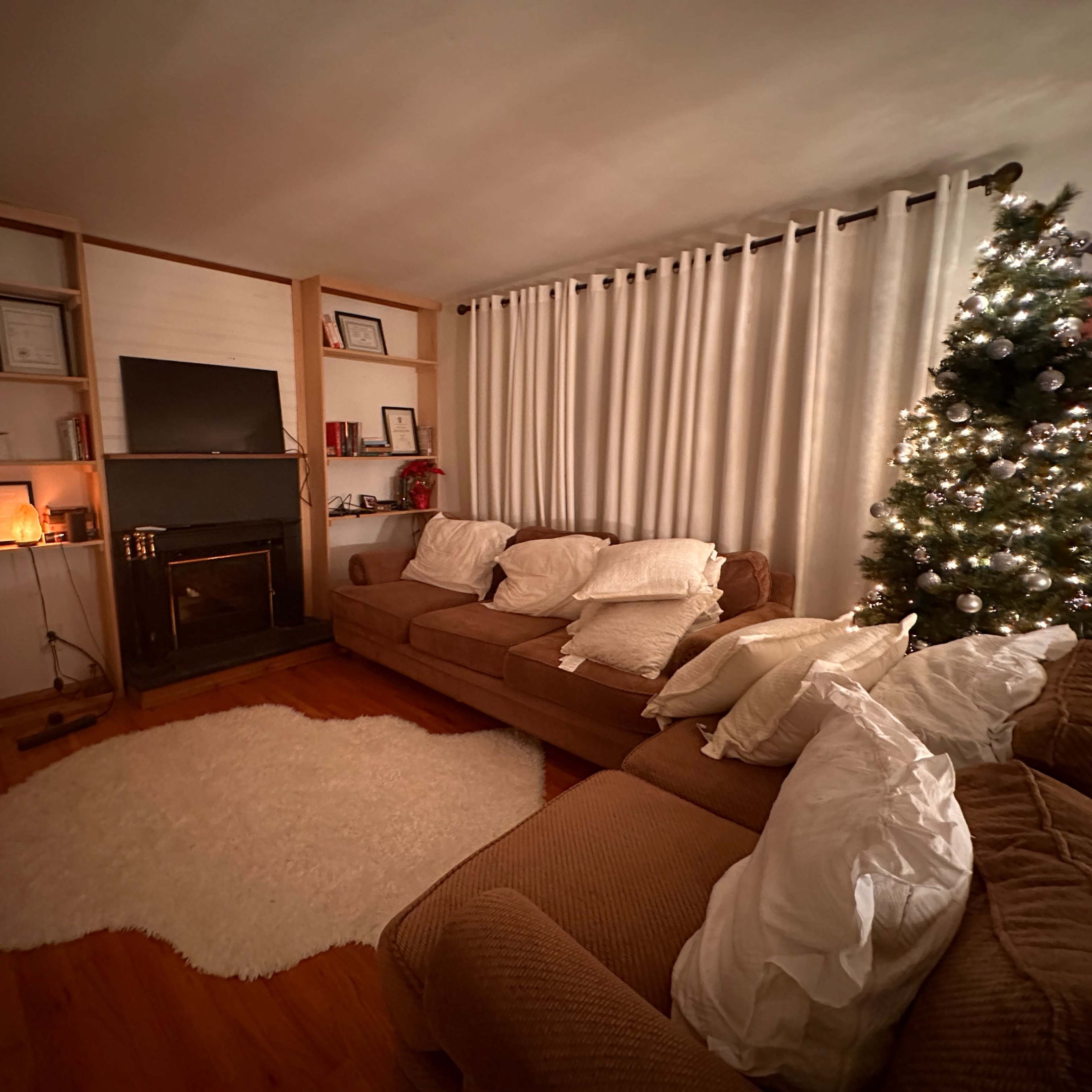 A cozy living room with a sofa, a fireplace, a bookshelf filled with books, and a Christmas tree adorned with lights in the corner.