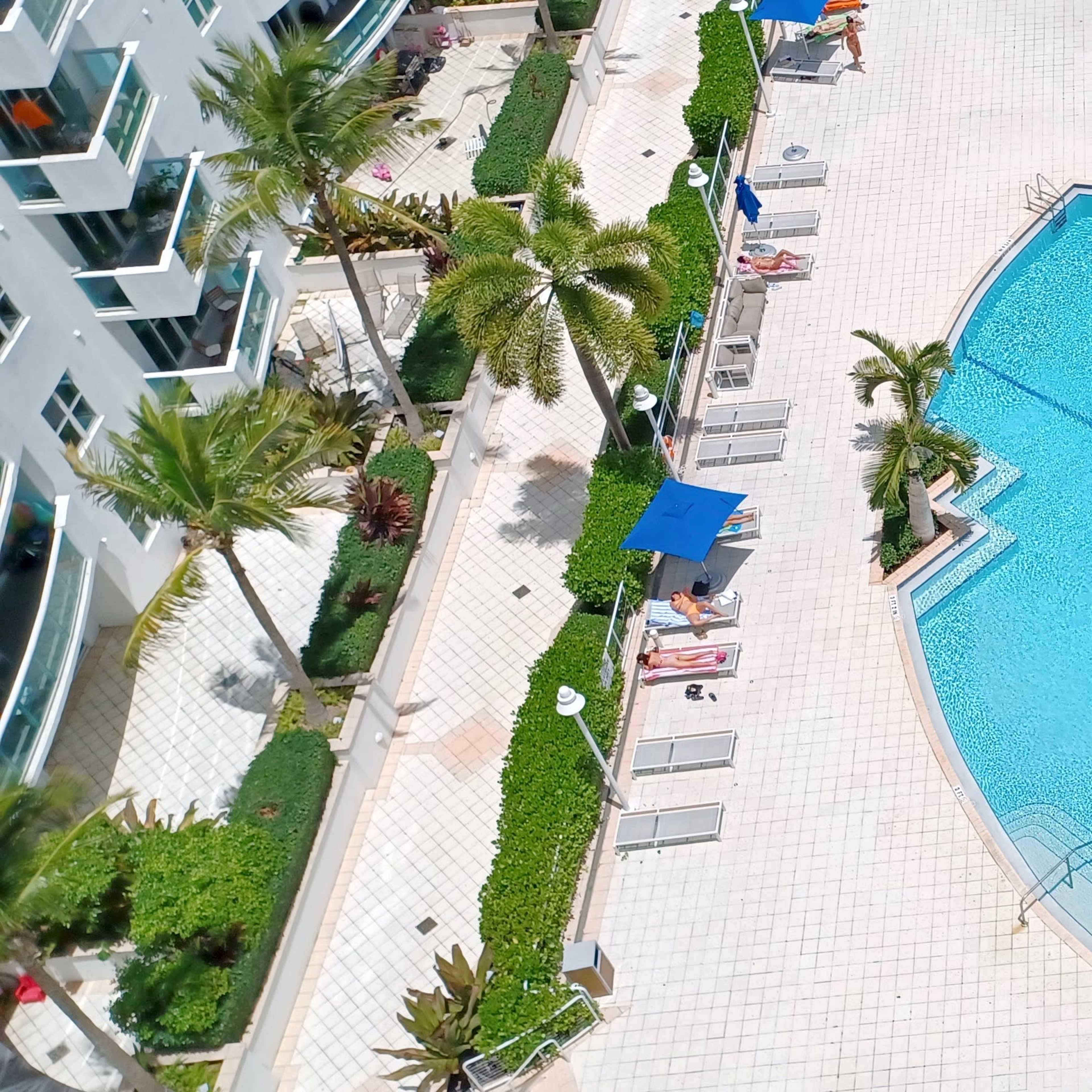 A large, heart-shaped swimming pool surrounded by lounge chairs and palm trees in a well-maintained landscaped area.