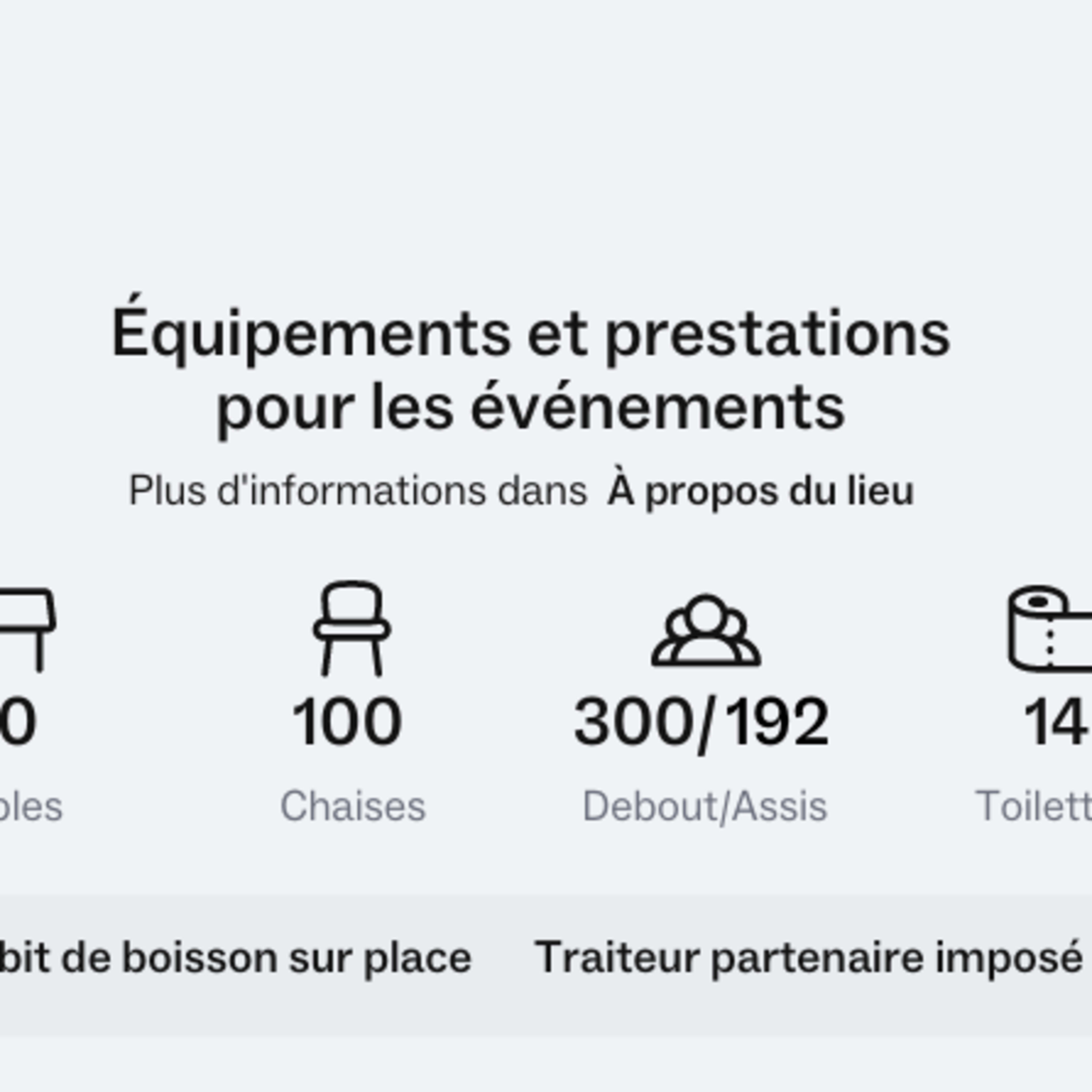 Information about event equipment and services, listing 50 tables, 100 chairs, a capacity of 300 standing or 192 seated guests, and 14 toilets.