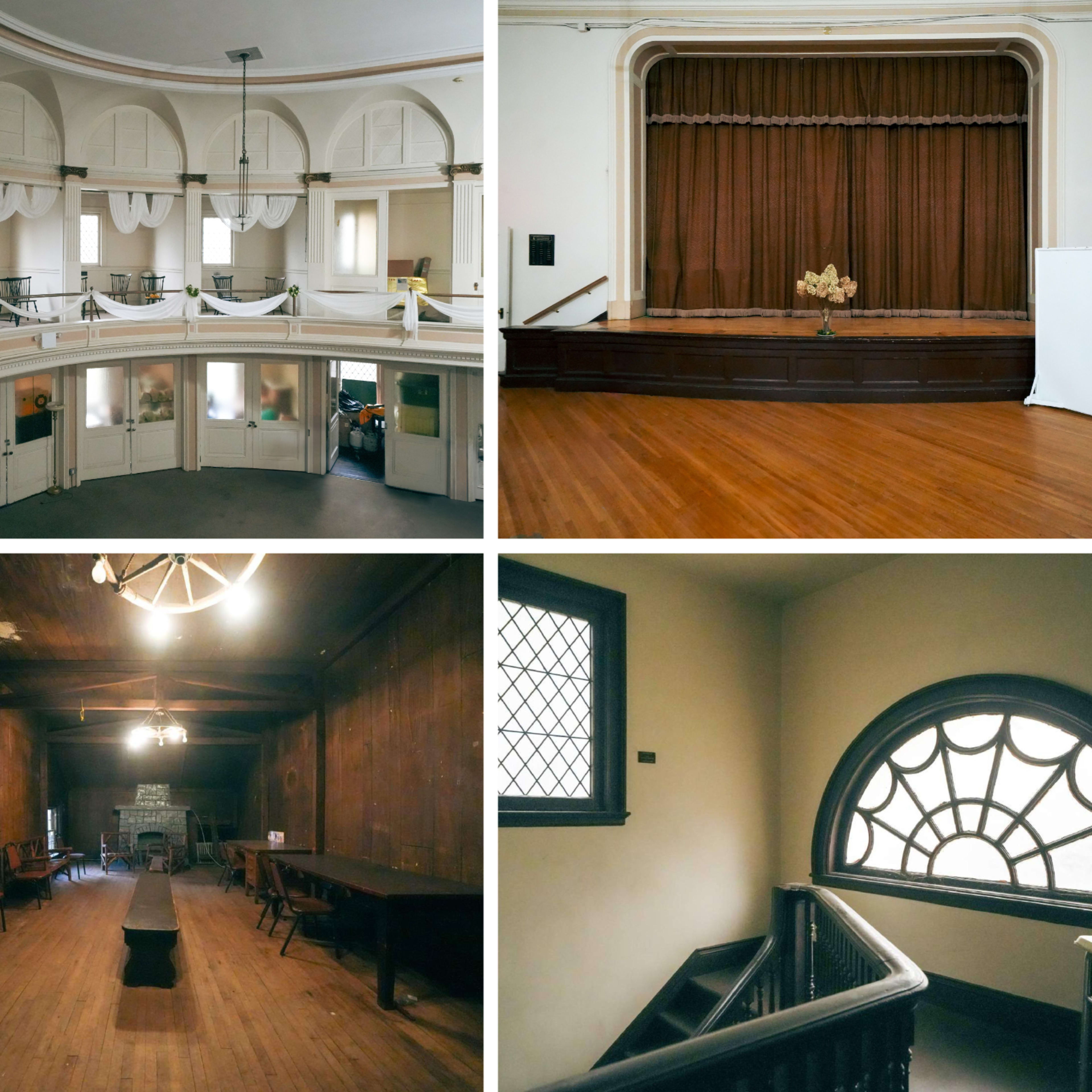 Four distinct views of an interior space, including a circular upper balcony, a stage area with curtains, a dimly lit room with a long table and chairs, and a stairwell featuring an arched window.