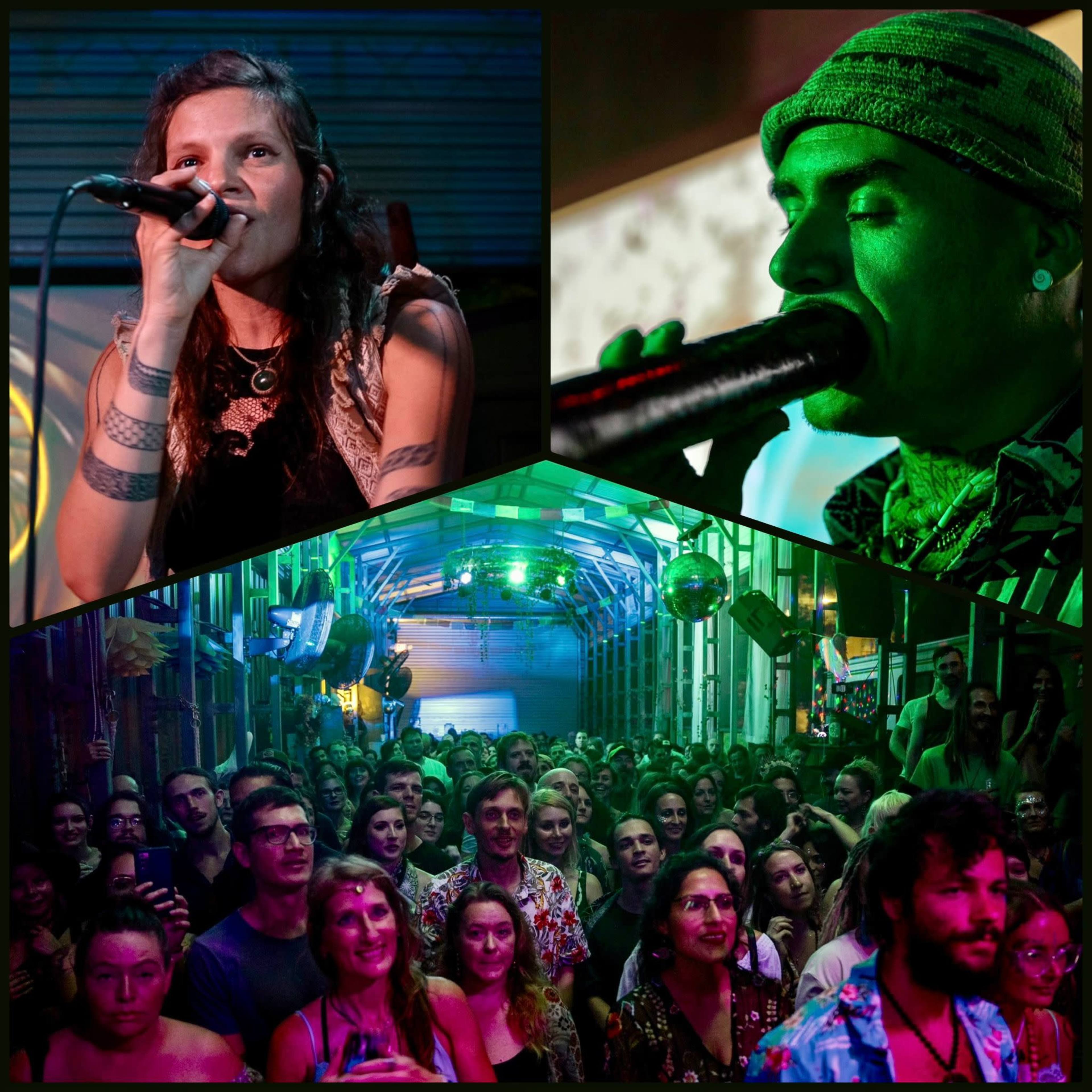 A vibrant music event with a singer performing on stage, a rapper using a microphone, and an audience enjoying the performance in a colorful venue.