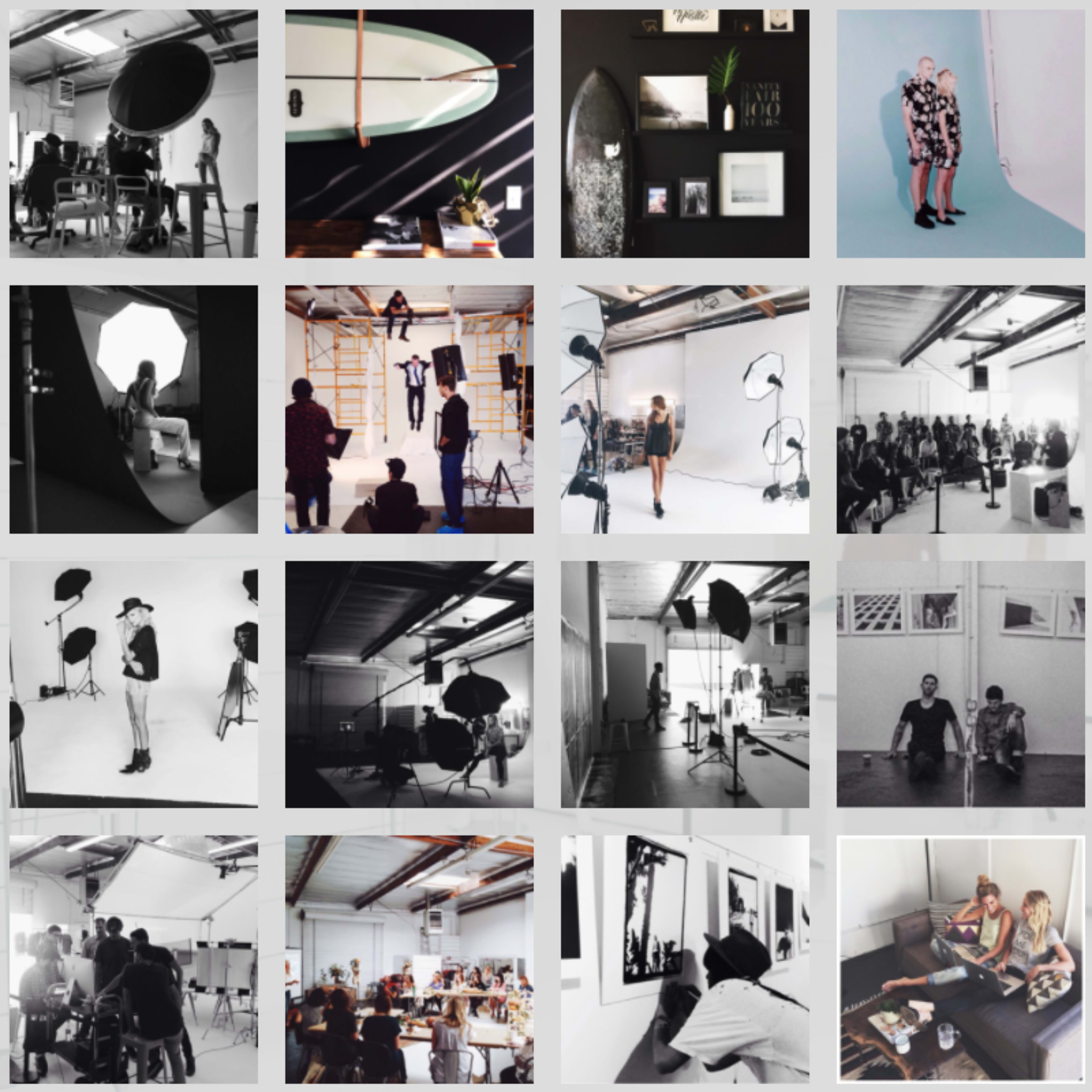 A collage of various photography studio setups, including models posing, photographers at work, and equipment arranged for shoots.