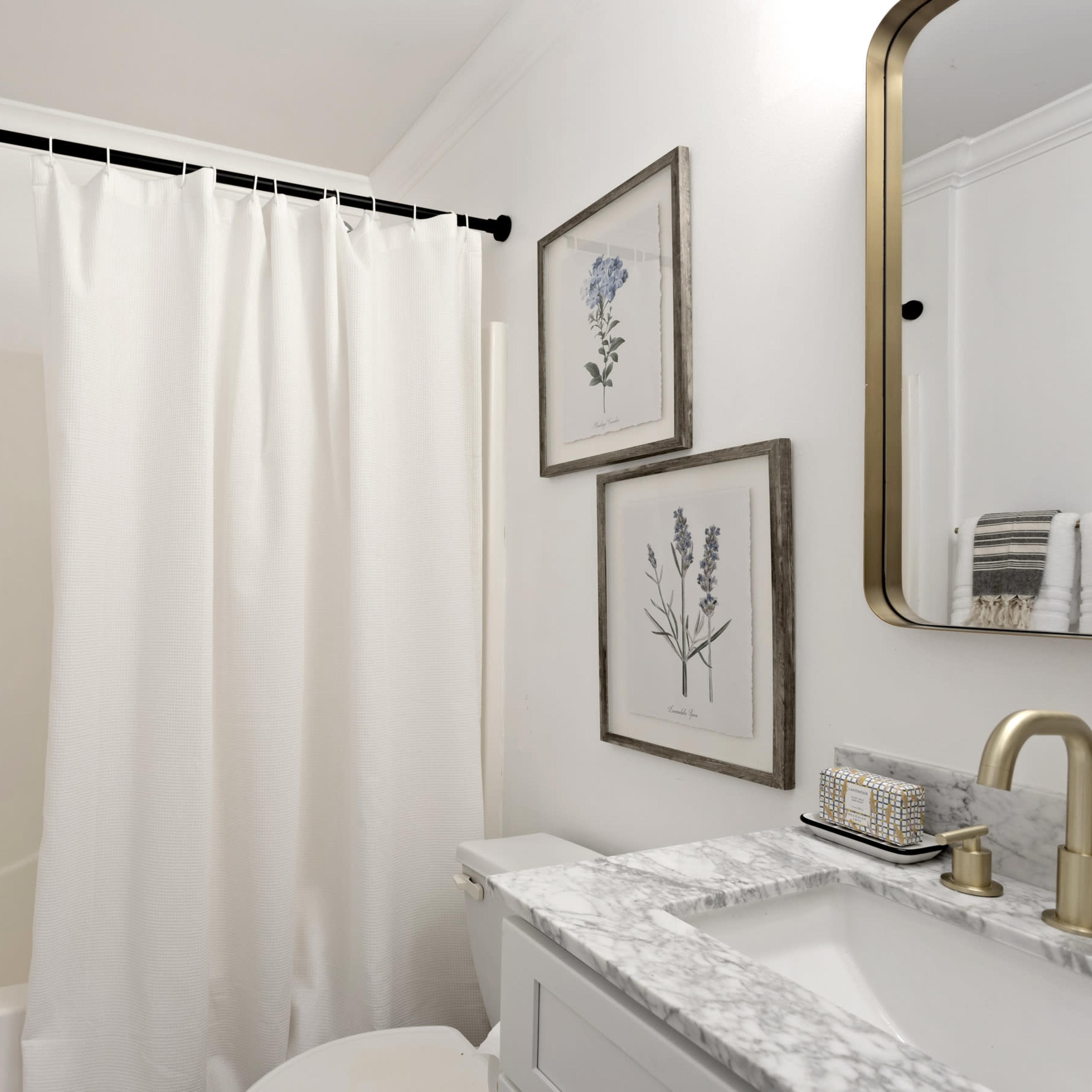 A bathroom featuring a shower area with a white curtain, framed botanical prints on the wall, and a marble countertop with a sink.