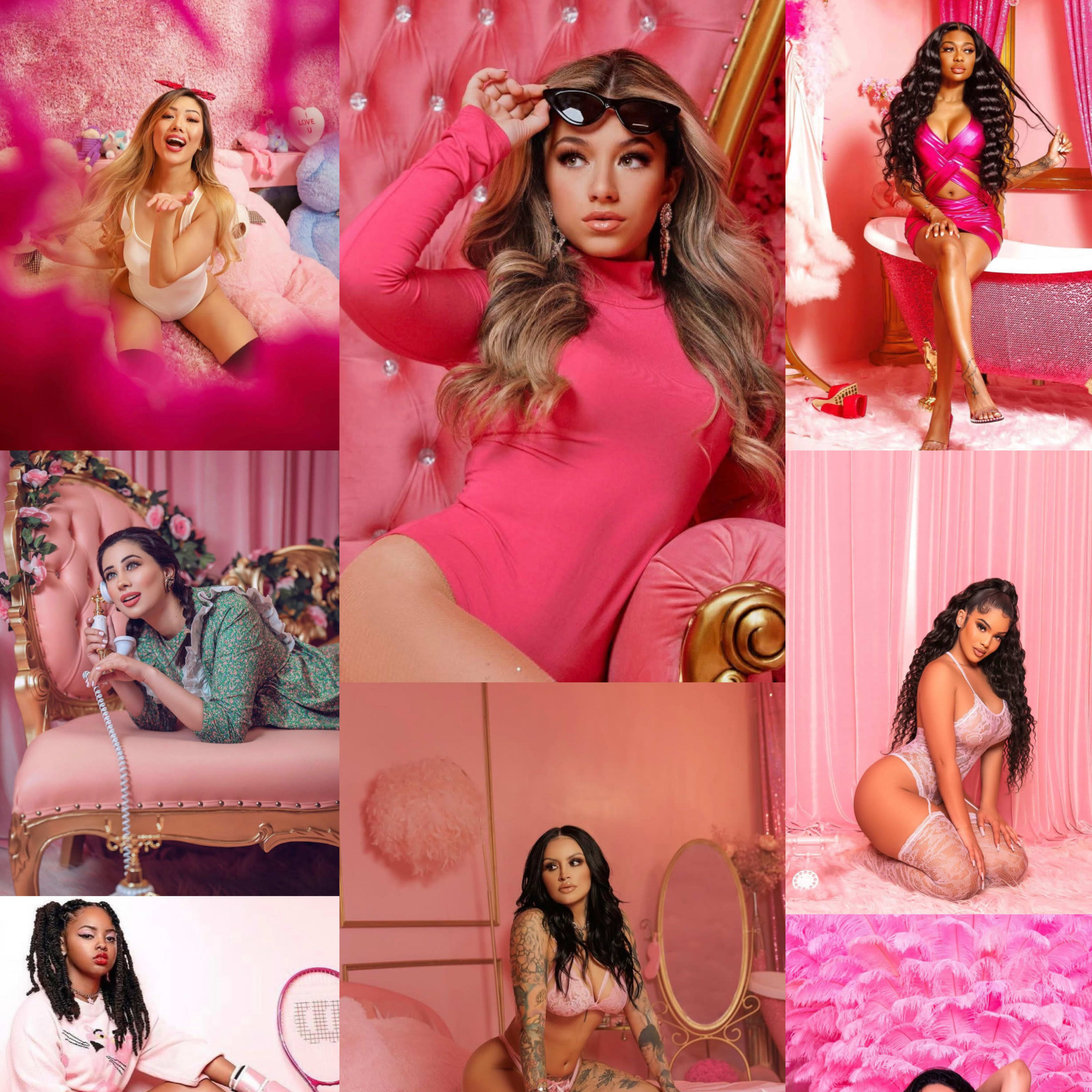 A collage of nine women posing in a pink-themed setting, each in stylish outfits amidst plush decorations.