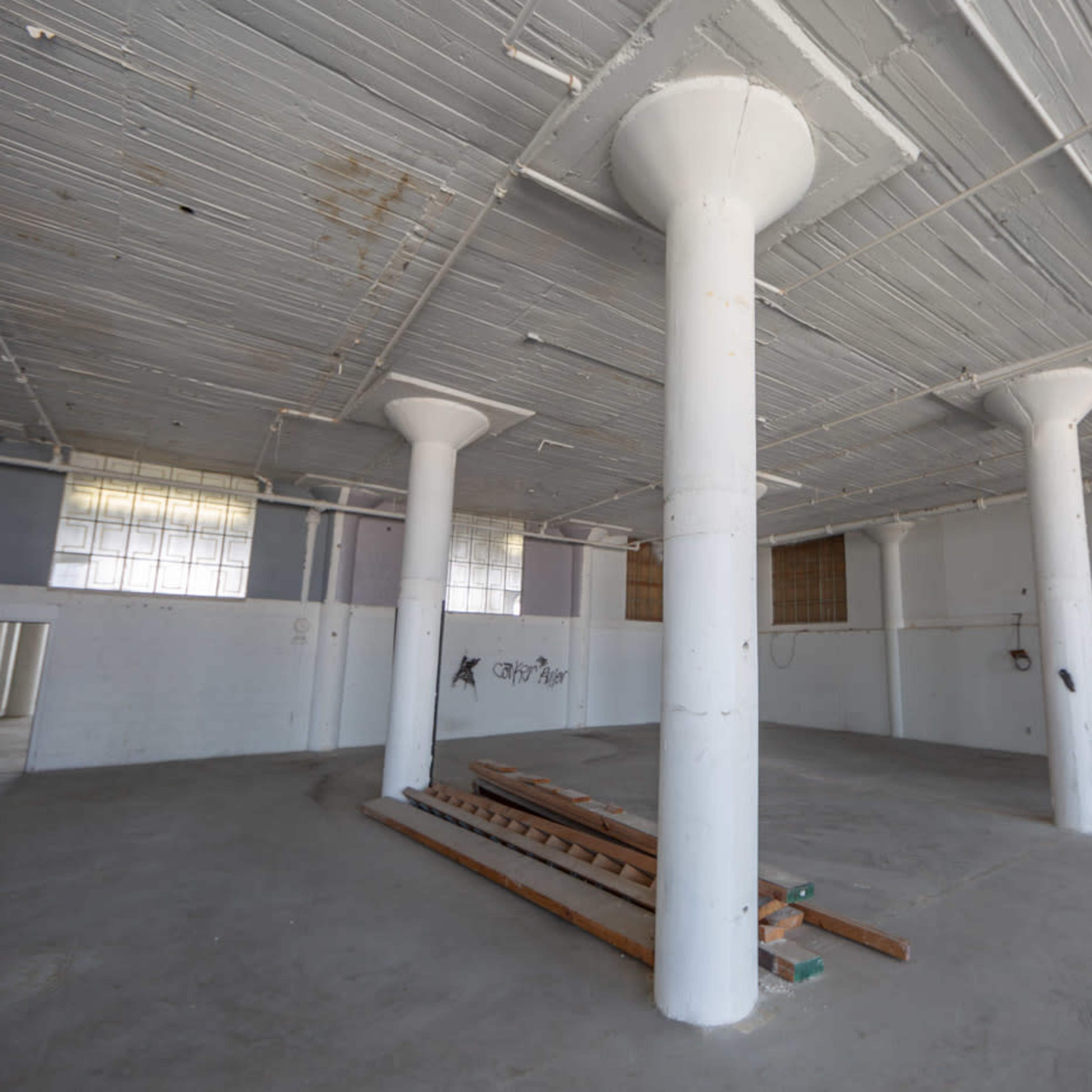 An empty room with multiple white columns stands on a concrete floor, featuring sparse natural light from large windows.