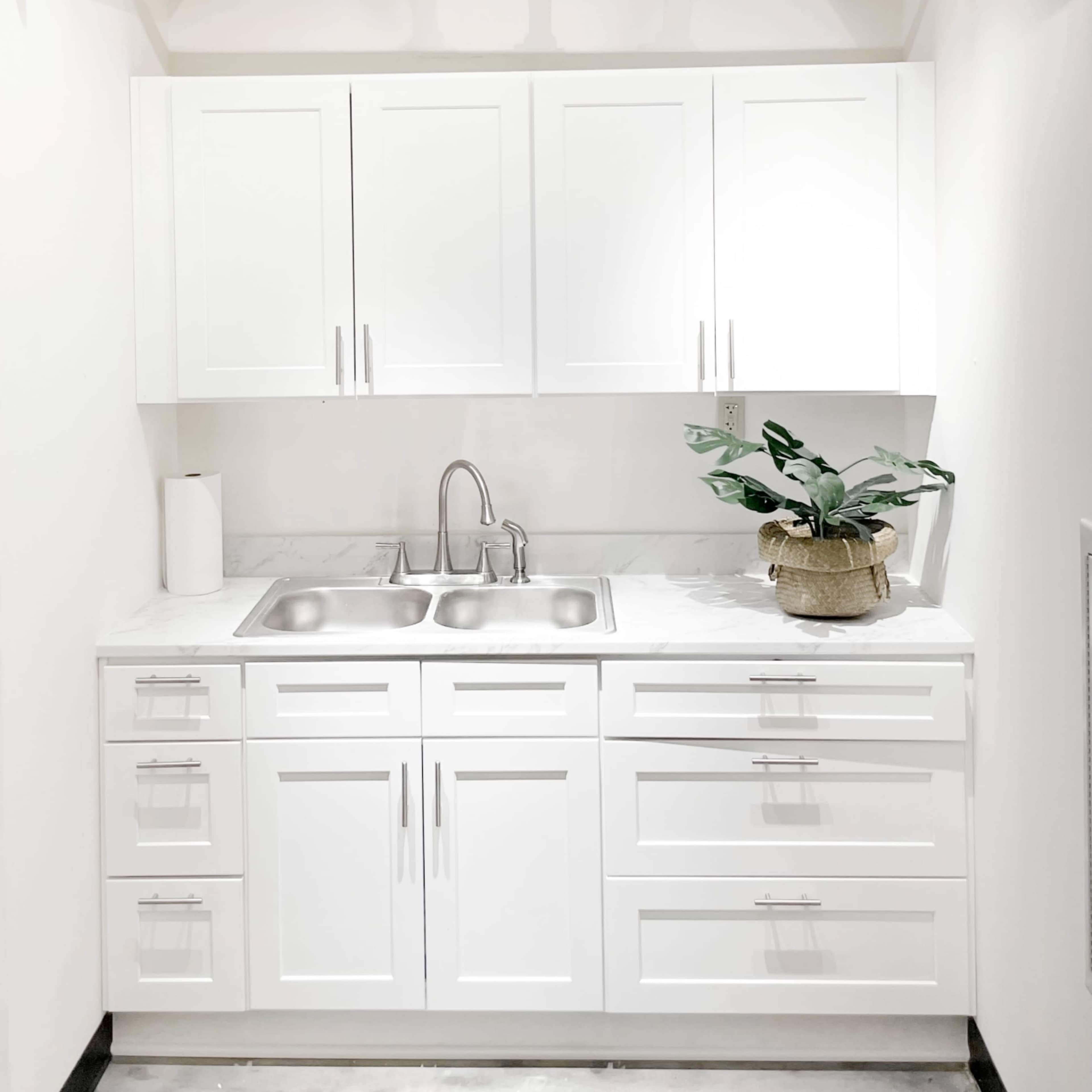 A modern kitchen area featuring white cabinetry, a double sink, and a potted plant on the countertop.