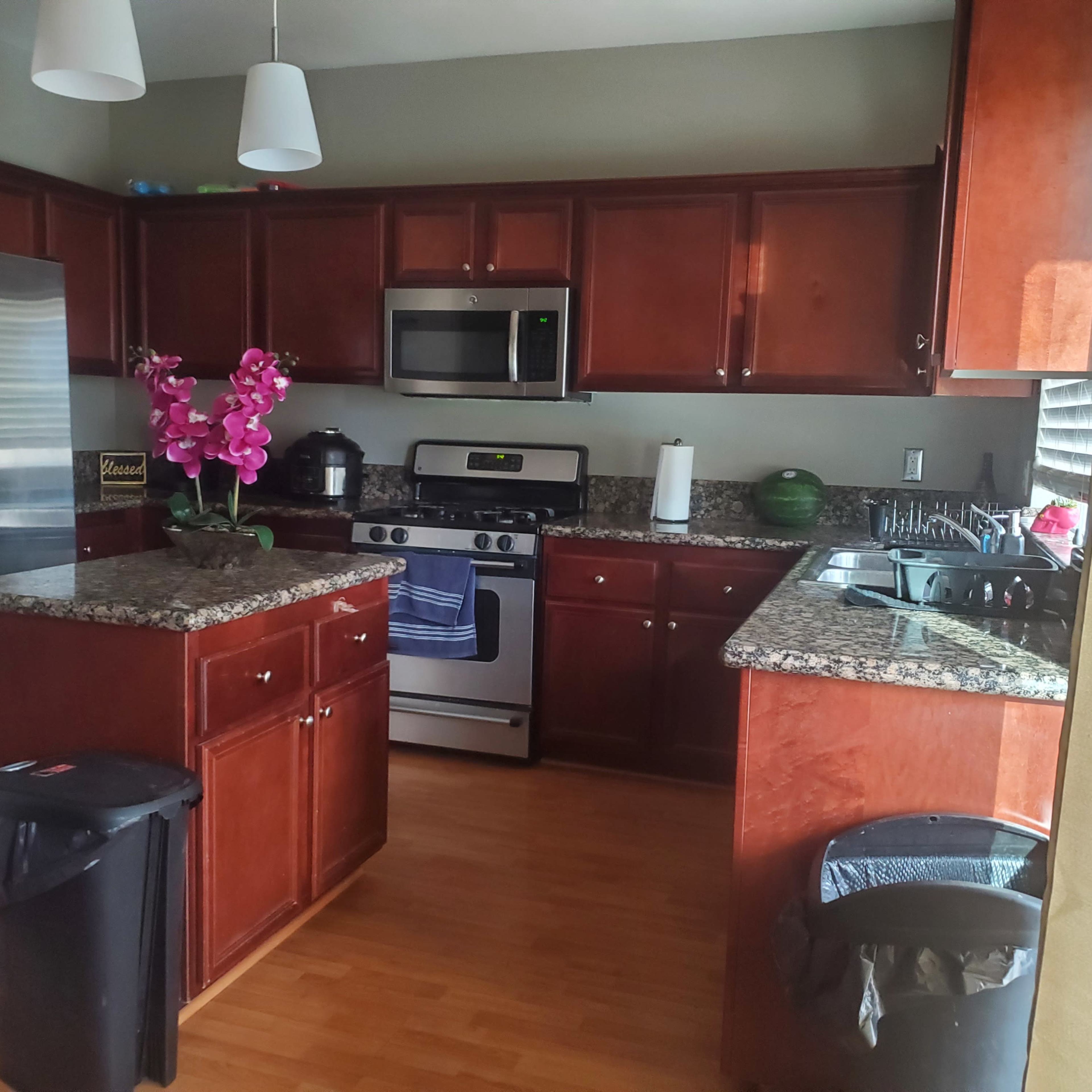 The kitchen features wooden cabinetry, stainless steel appliances, and a granite countertop with an island and a trash can.
