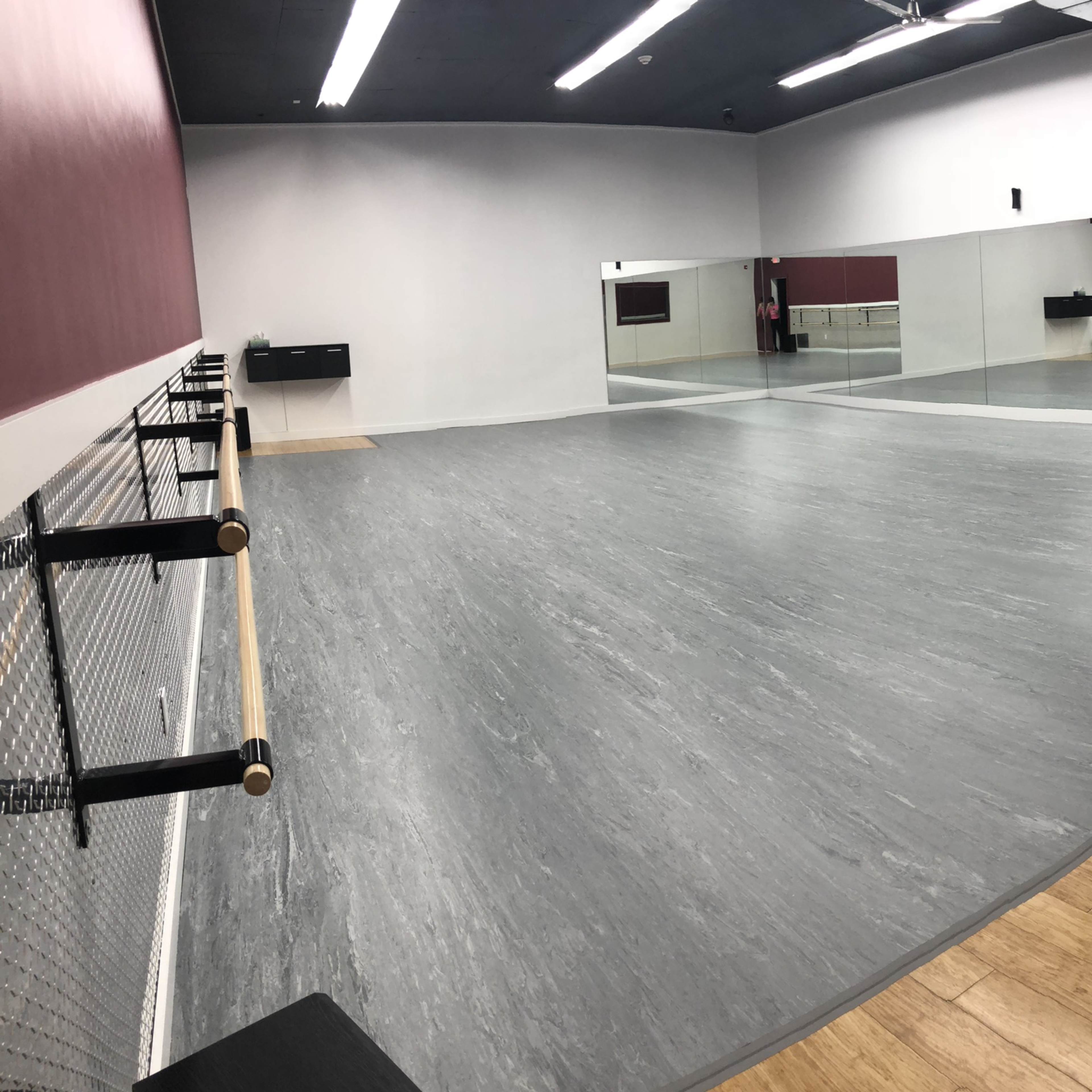 A spacious dance studio with mirrored walls, wooden flooring, and ballet bars along one side.