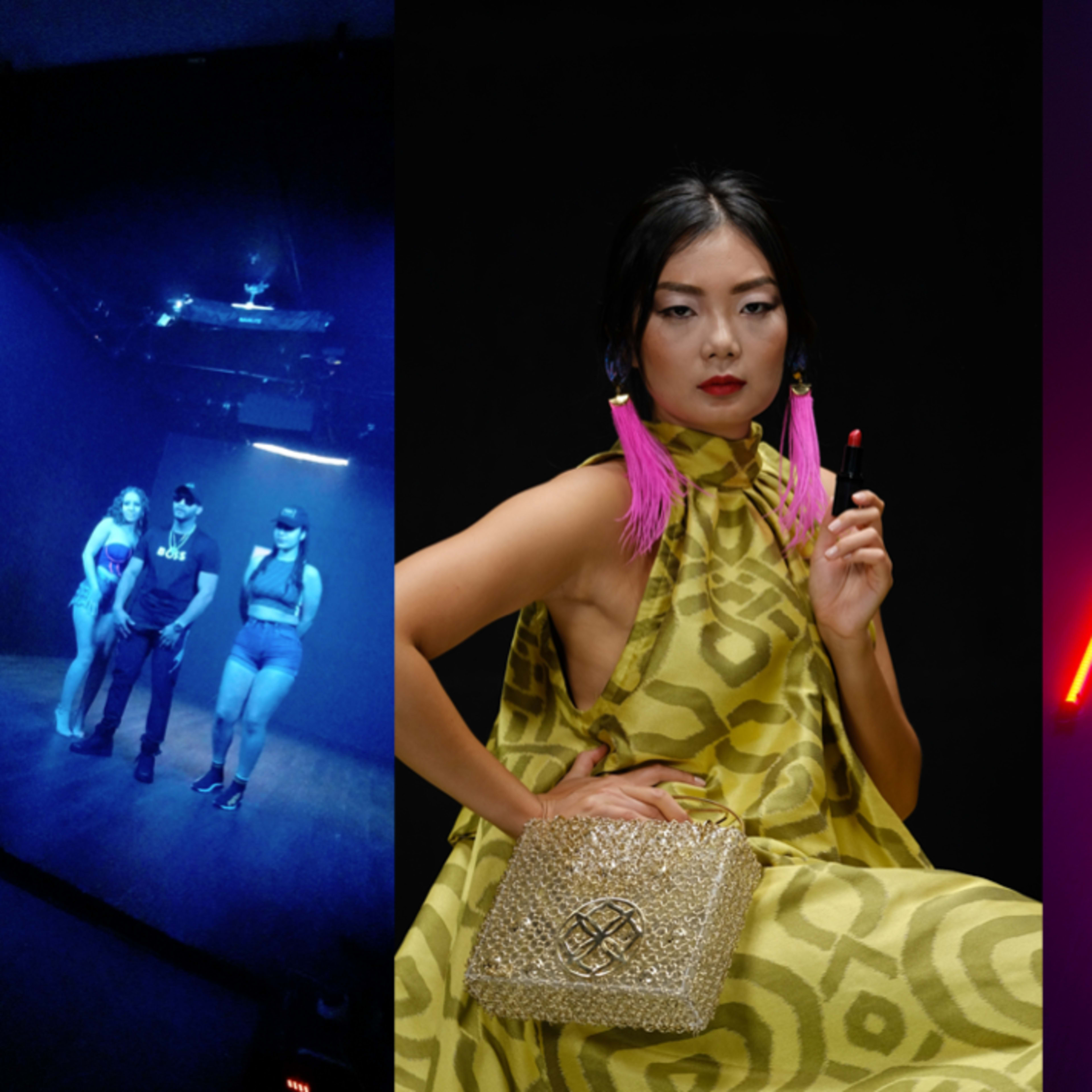 Three distinct scenes: a dimly lit studio setting with models posing, a woman in a patterned dress holding a shiny purse, and another woman sitting amidst glowing red lights.
