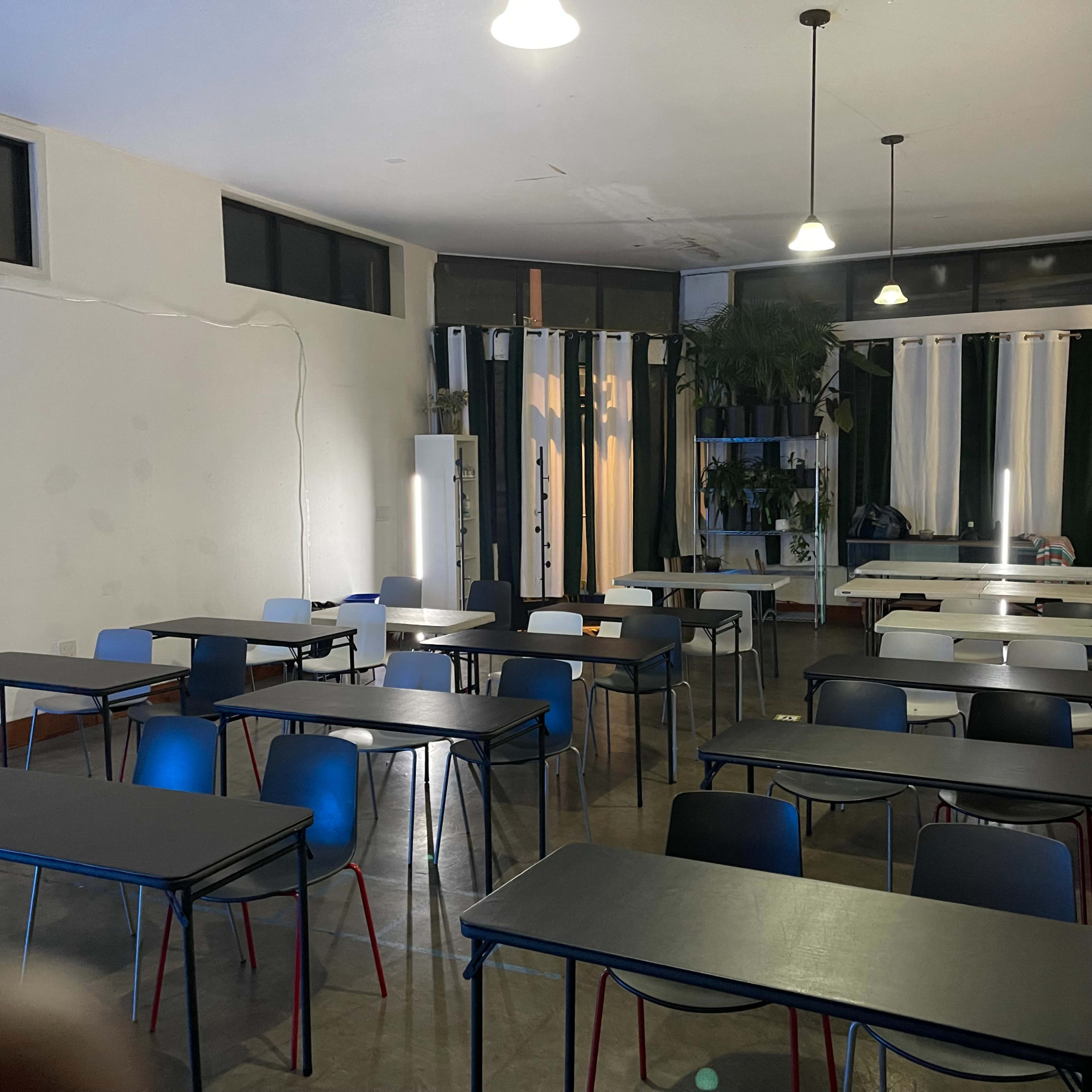 A classroom with several rows of black tables and chairs, illuminated by overhead lights and featuring green curtains and plants in the background.