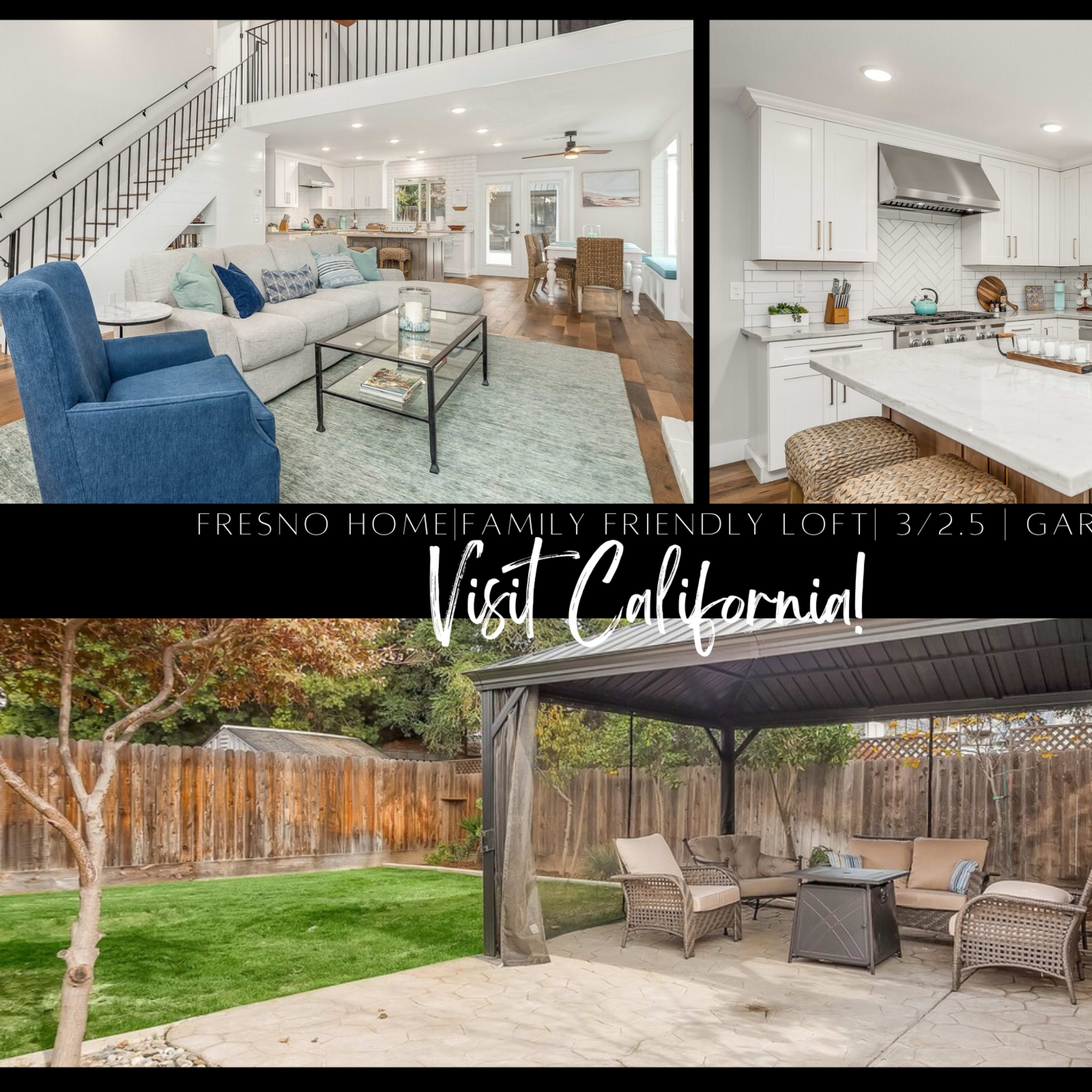 A Fresno home with a spacious living area, a modern kitchen, and a patio seating area in the backyard.