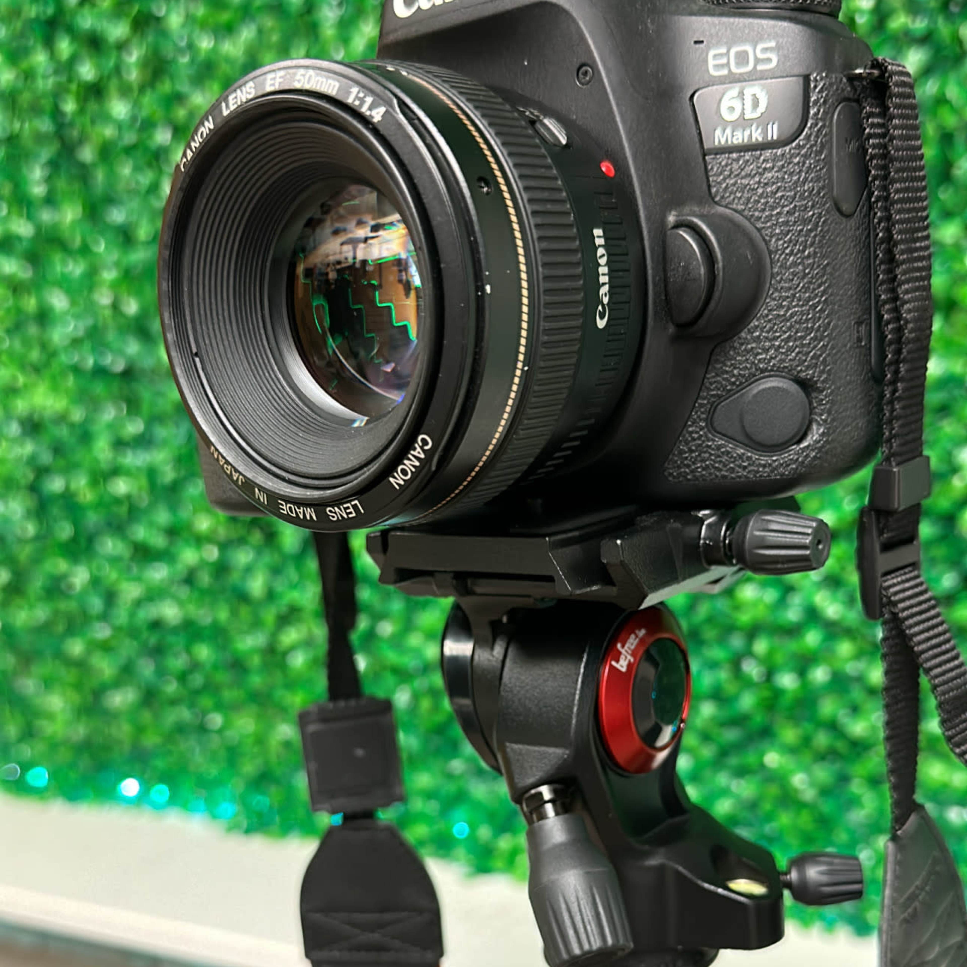 A Canon EOS 6D Mark II camera is mounted on a tripod in front of a green backdrop.