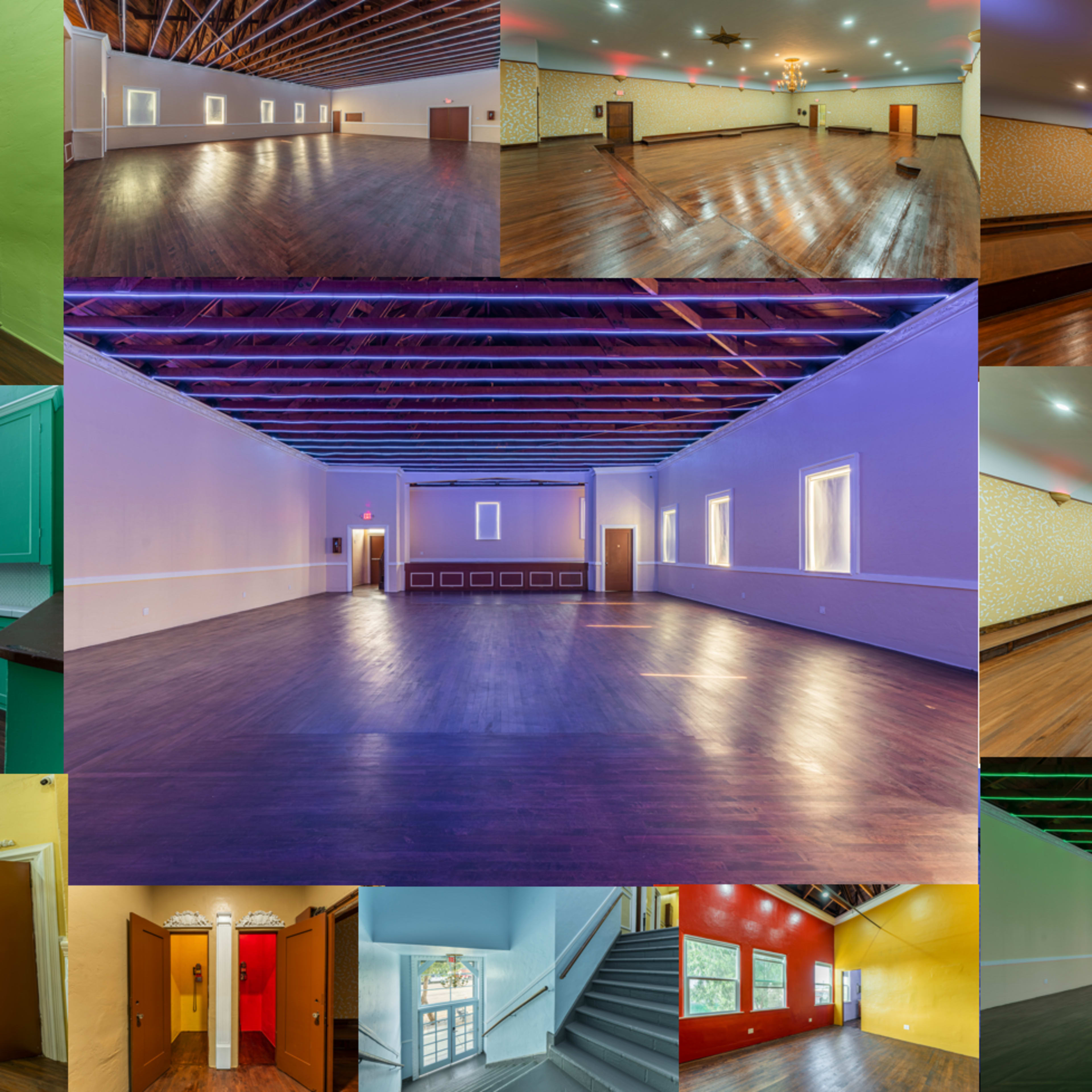A collage of various interior spaces with hardwood floors, brightly colored walls, and multiple lighting arrangements.