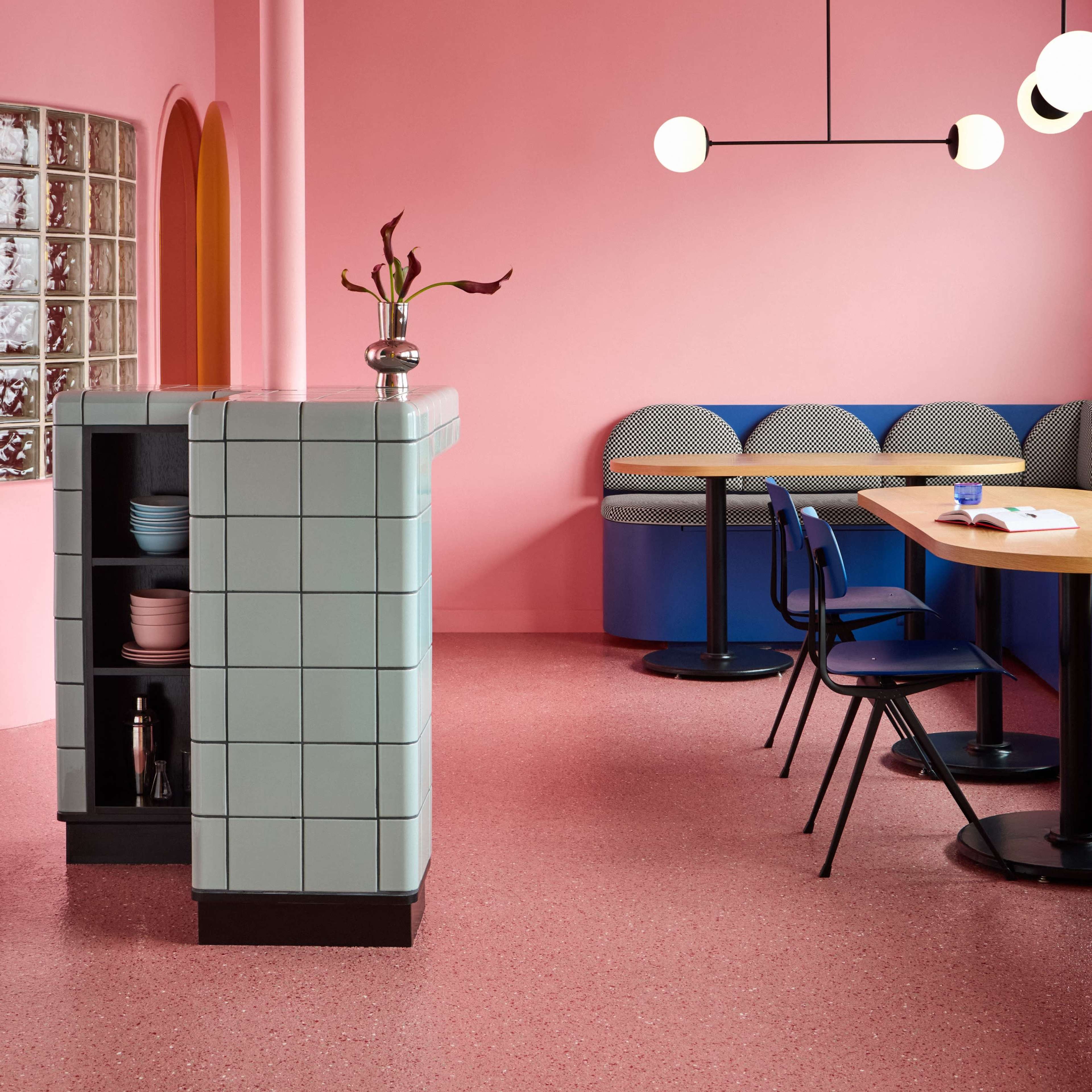 Surreal Pink Lounge with Mirrored Bathroom Image in Logan Square, Chicago, IL