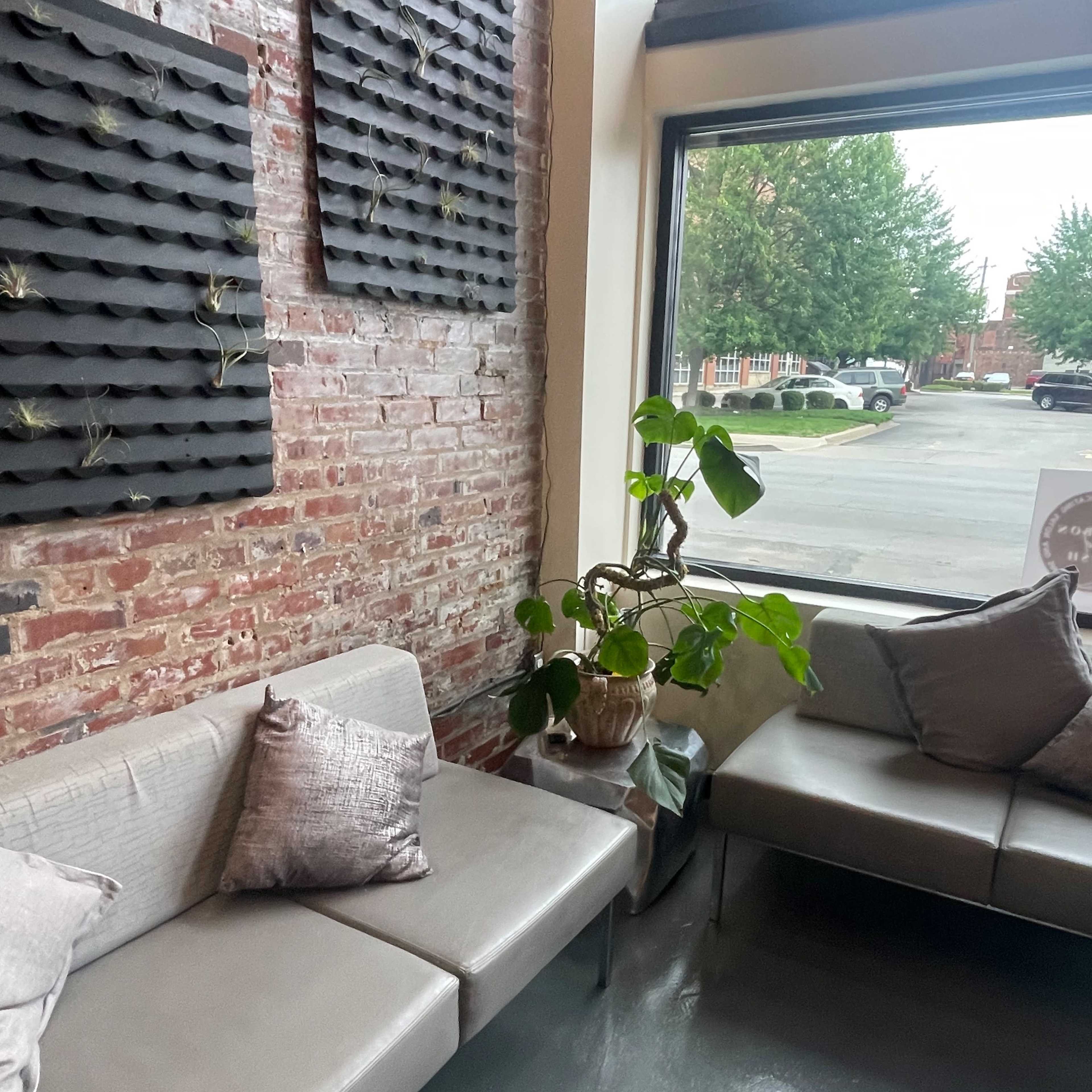 A minimalist seating area with gray couches, decorative cushions, and a green plant next to a large window overlooking a street.
