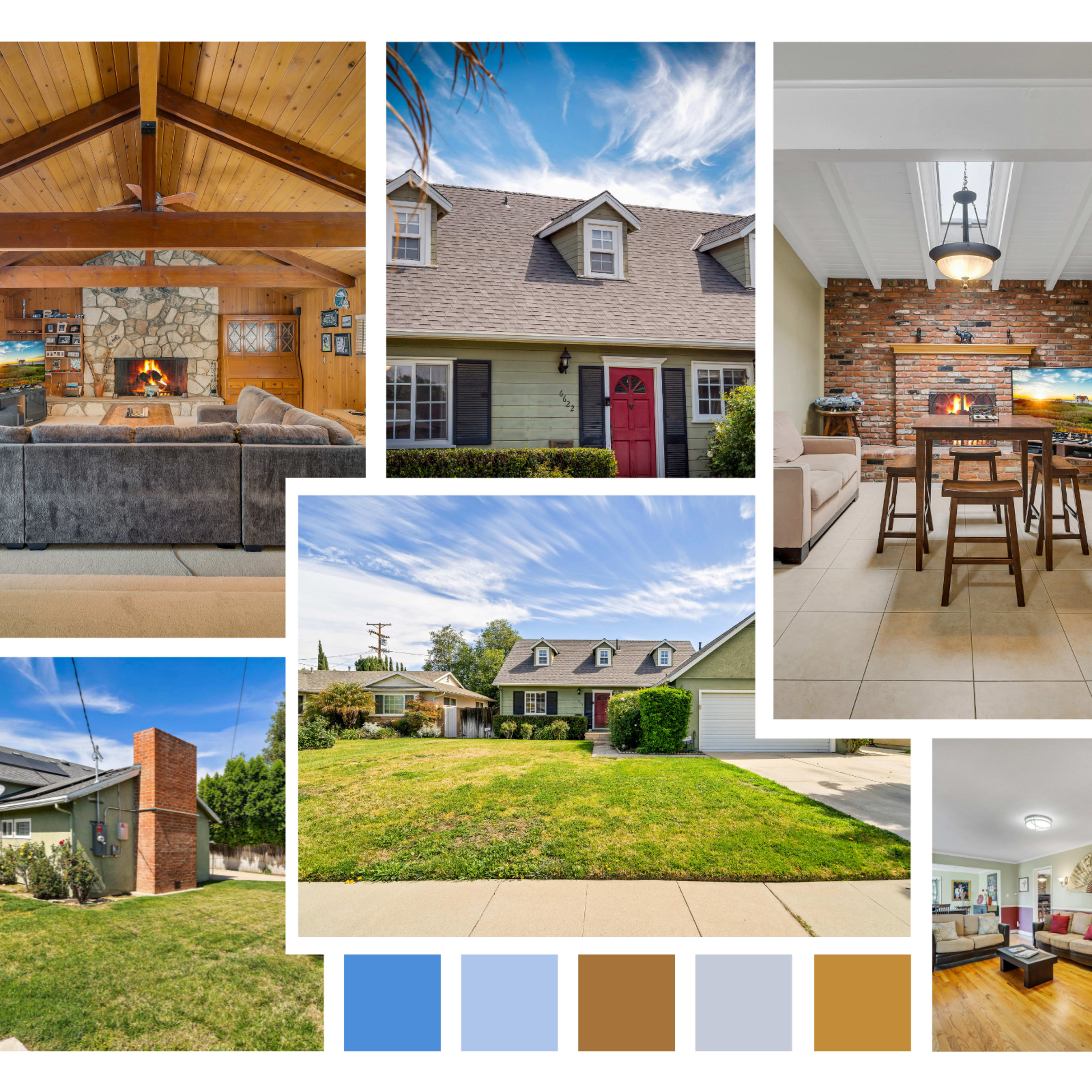 A collage of various residential interiors and exteriors, showcasing living spaces, front yards, and architectural details.