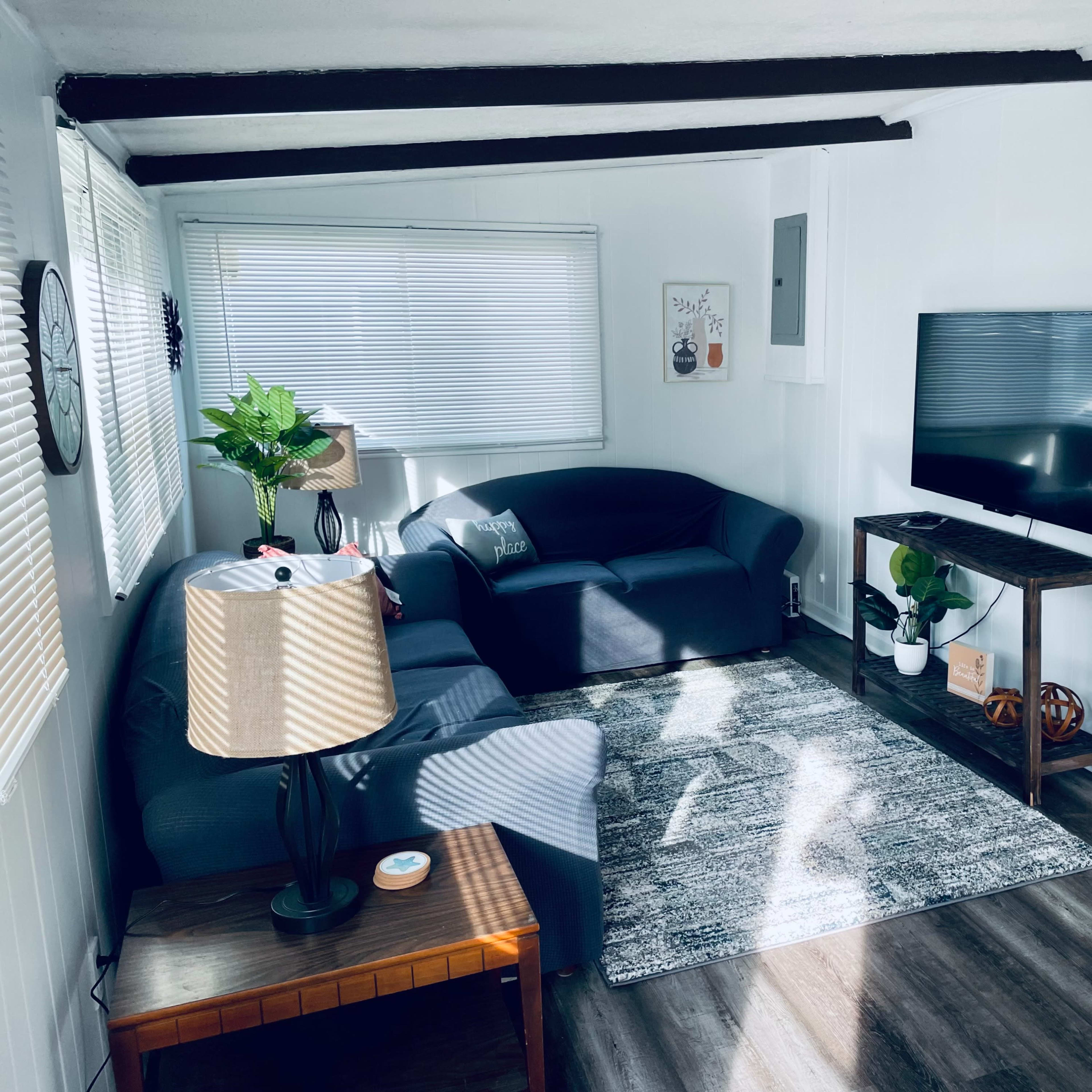 A bright living room with two dark sofas, a coffee table with a lamp, a television on a stand, and a decorative rug on a wooden floor.