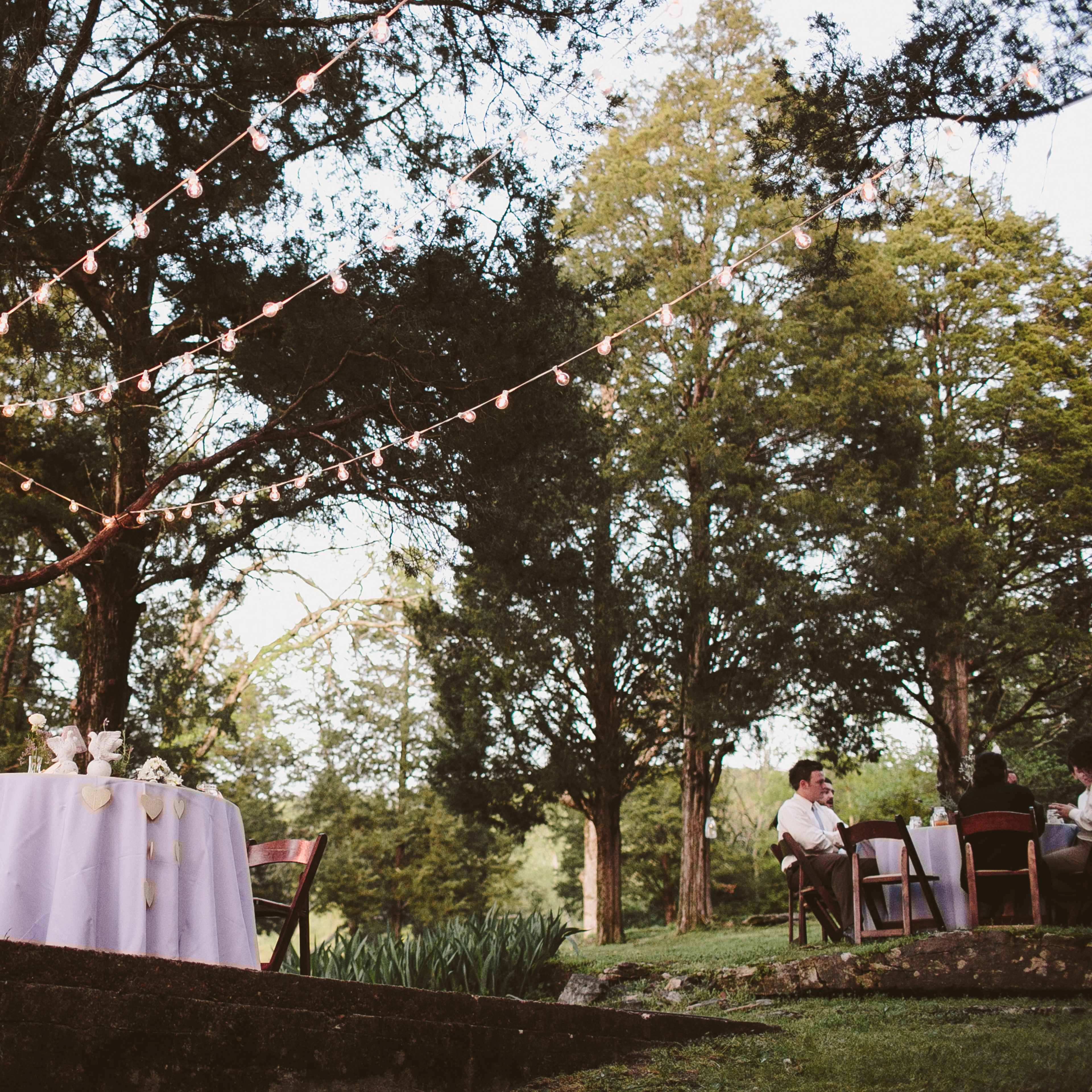 A round table set for an outdoor event is positioned beneath string lights among trees in a green landscape.