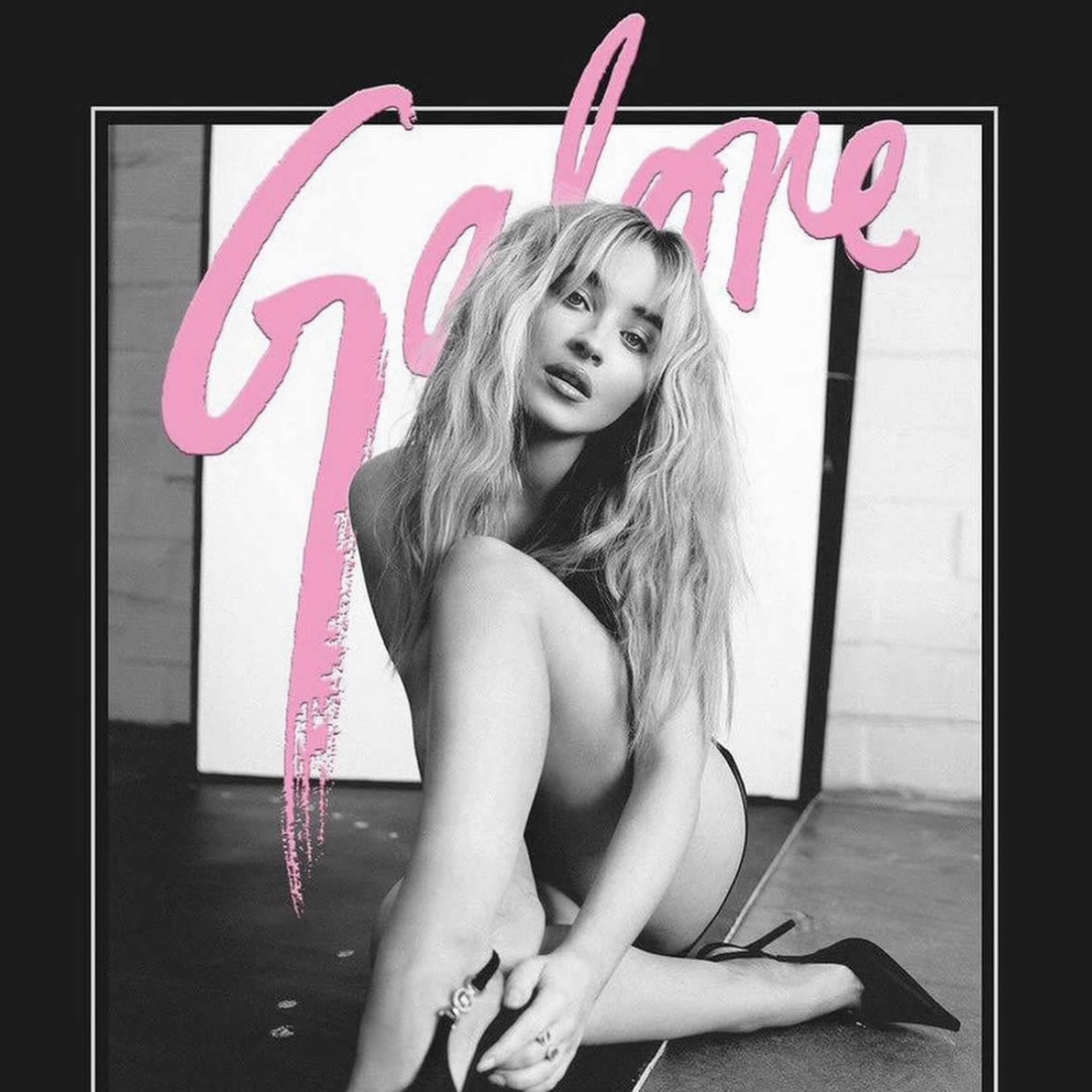 A woman seated on the floor in a pose, with text indicating it is a magazine cover for "Galore" featuring Sabrina Carpenter.