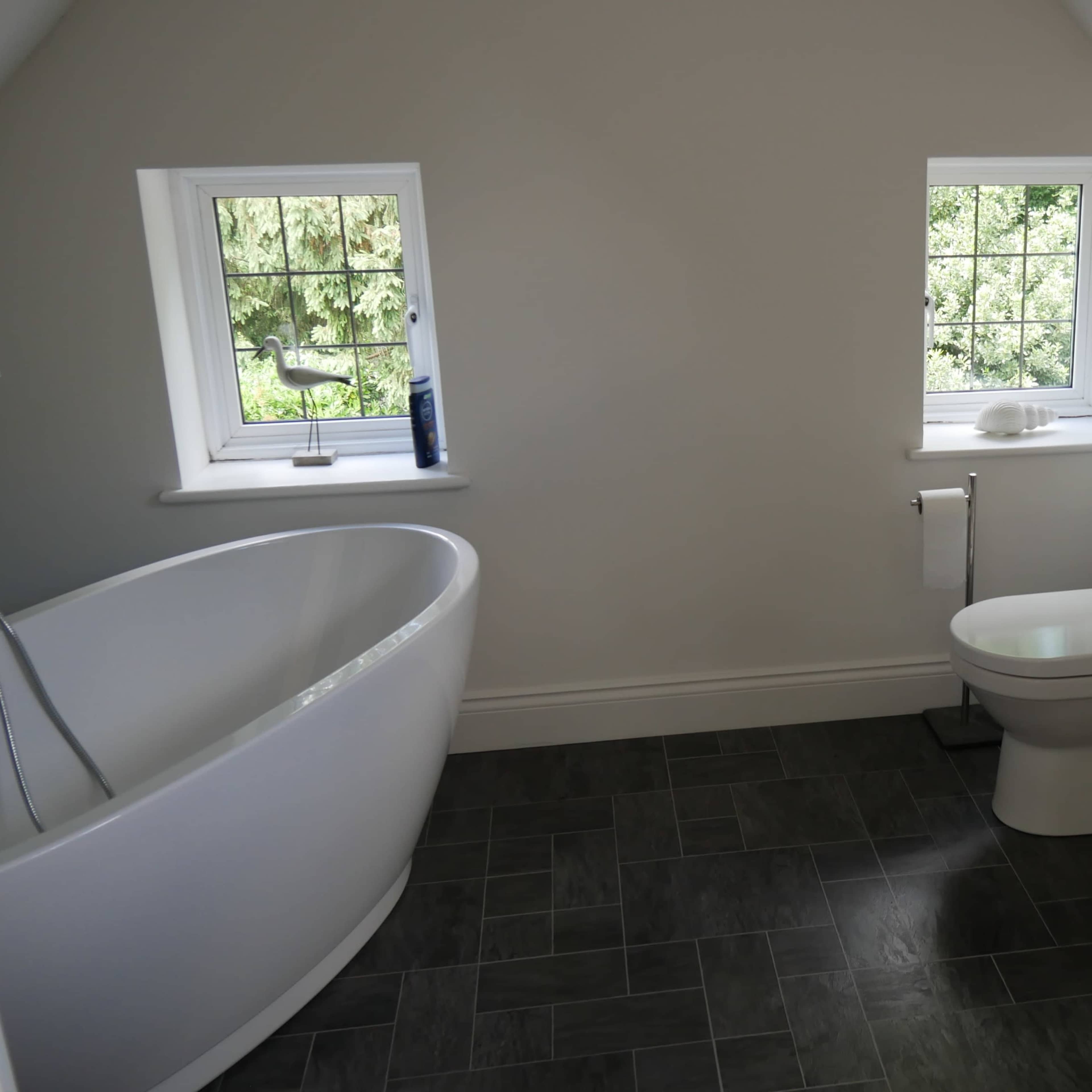 A modern bathroom with a freestanding bathtub, a toilet, and two windows providing natural light.