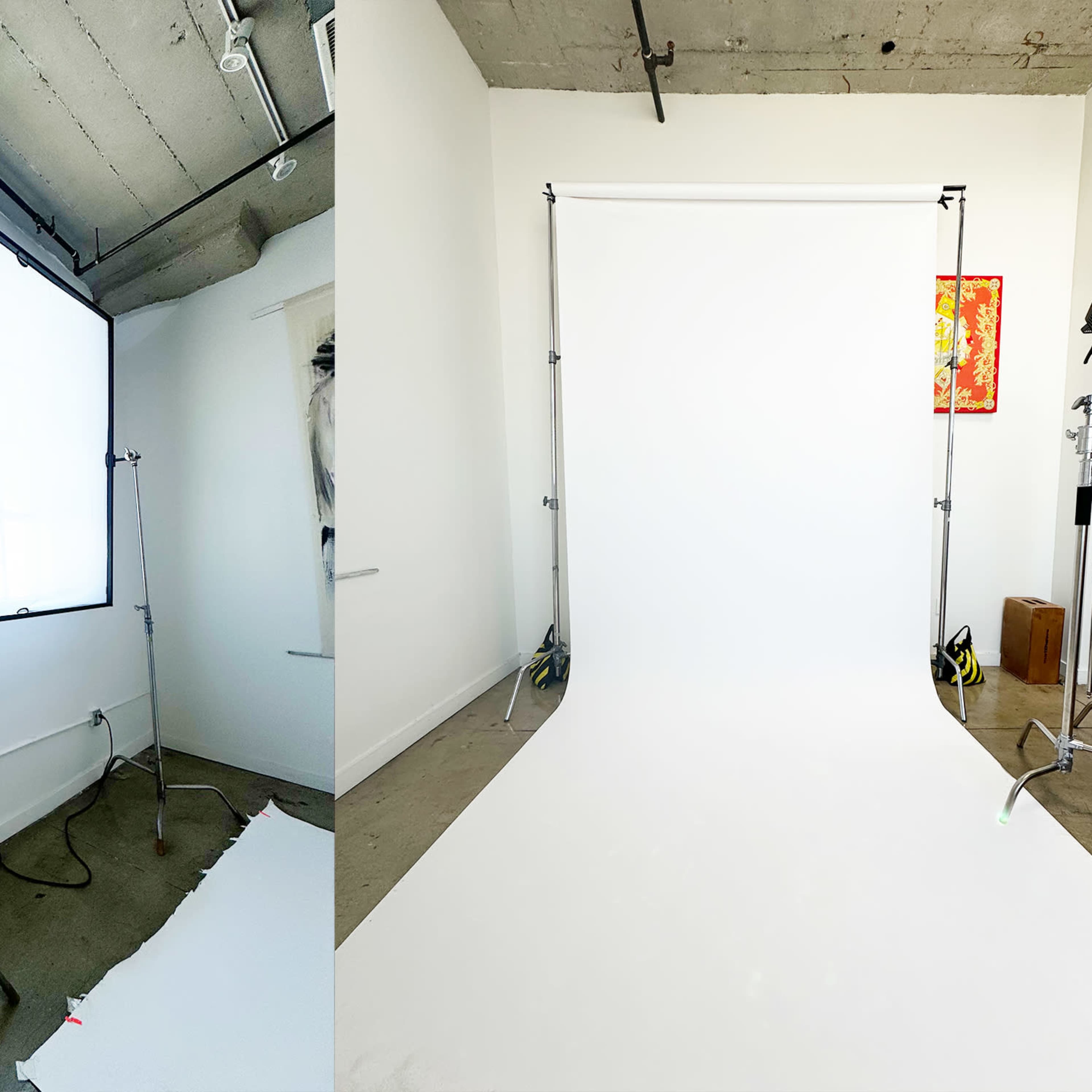 Two photography studio setups, one with a translucent backdrop and the other featuring a plain white backdrop.