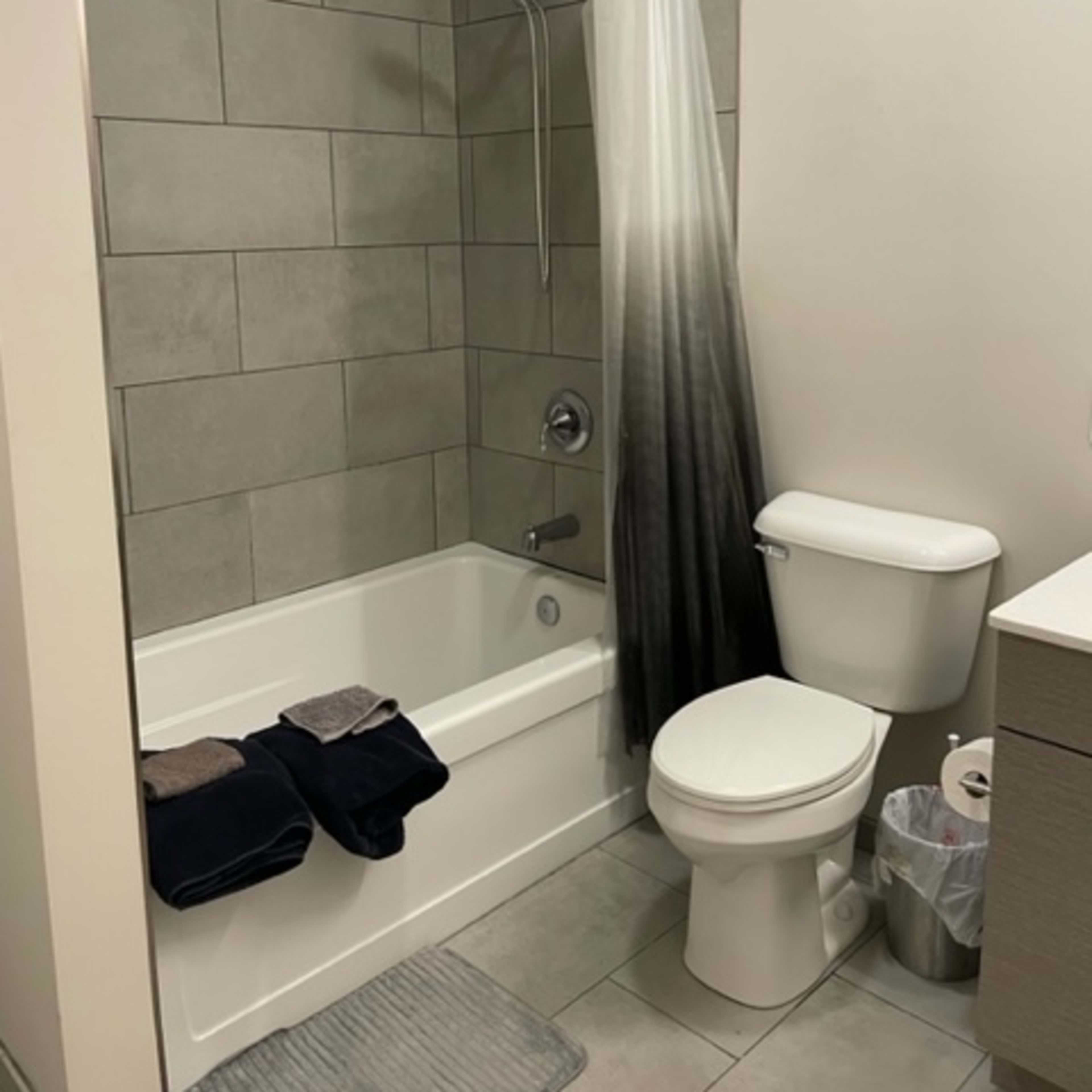 A bathroom featuring a bathtub with a shower, a toilet, a sink with a cabinet, and towels neatly displayed.