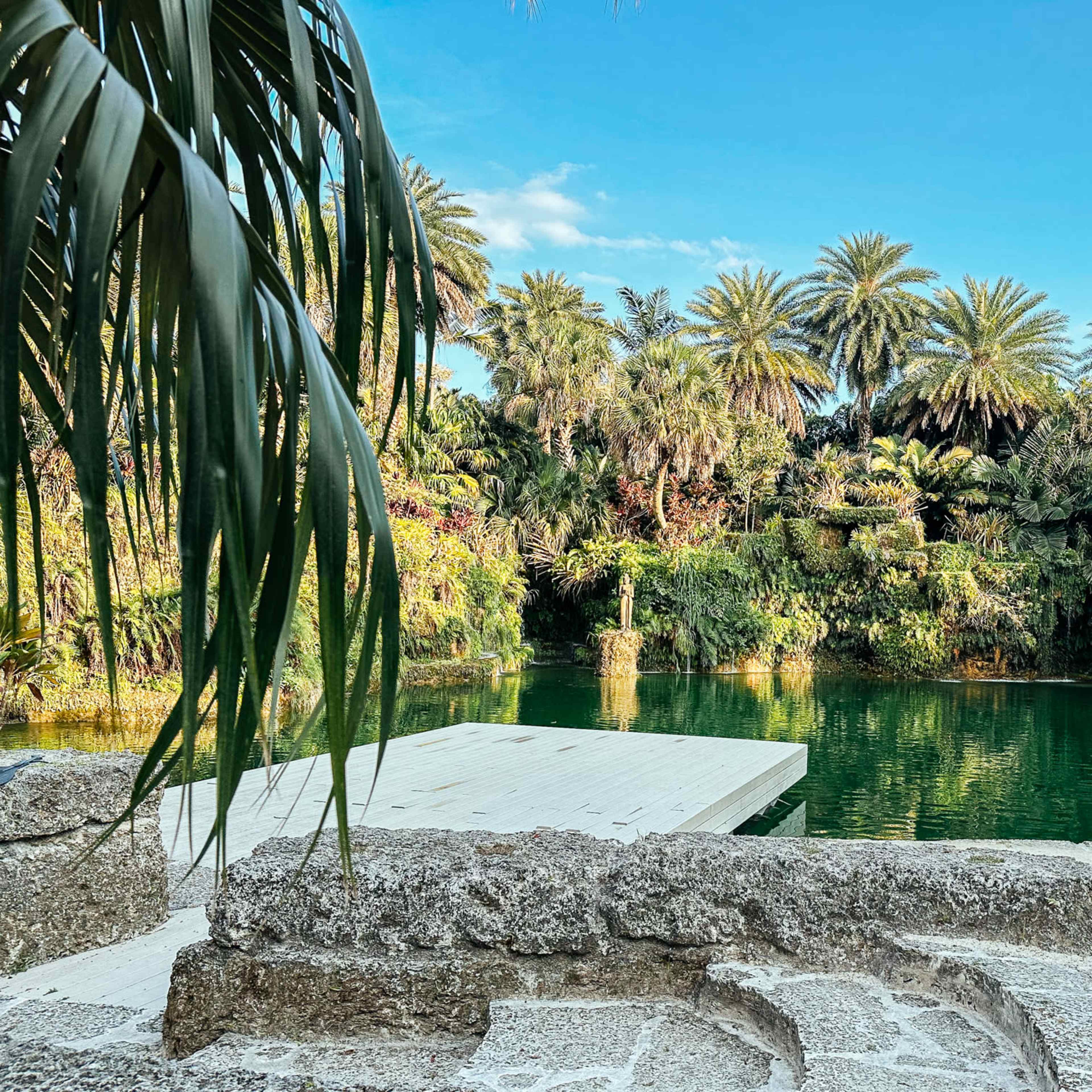 A stone pathway leads to a green-tinted pond surrounded by lush palm trees and tropical vegetation.