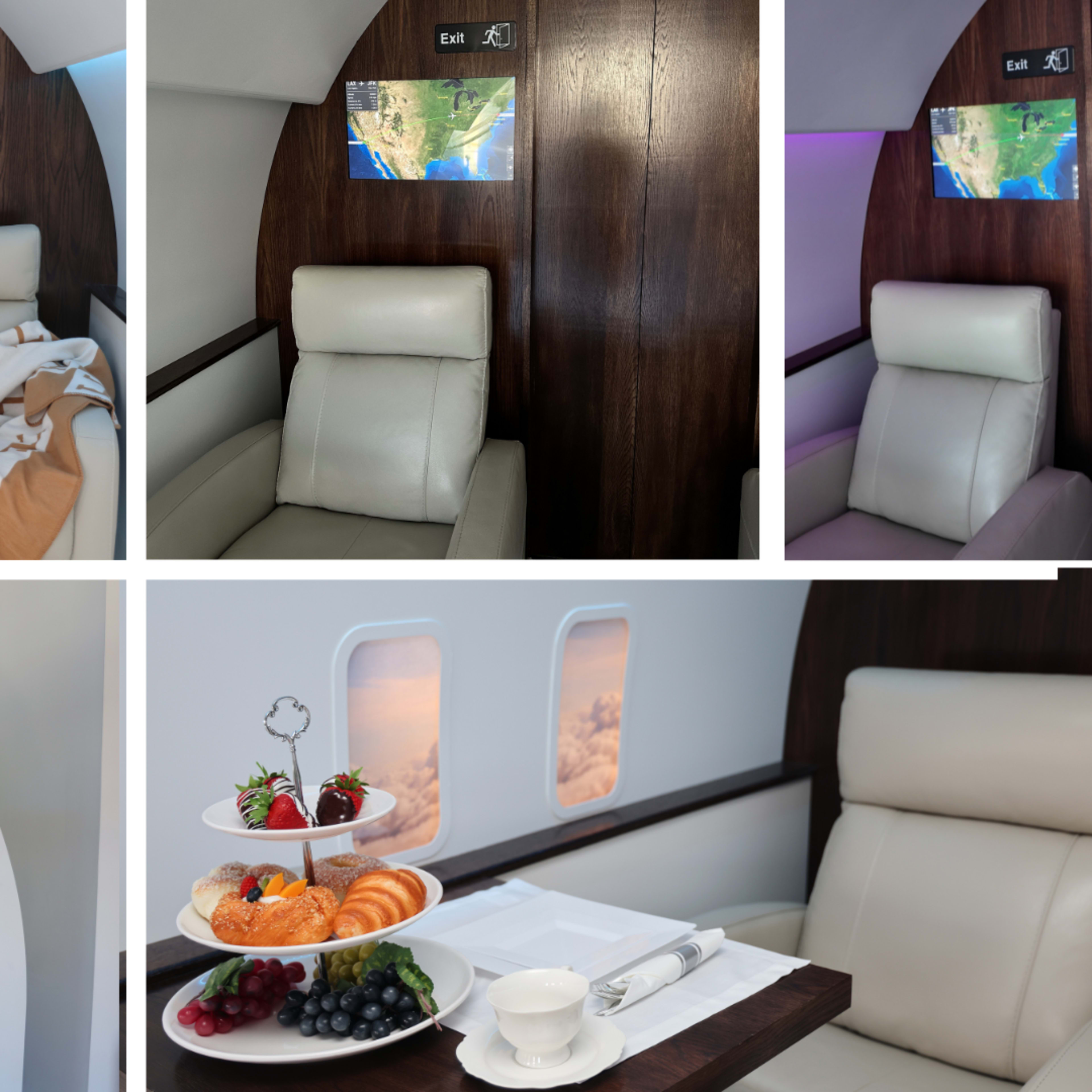 A luxurious private jet interior with reclining leather seats, elegant dining setups, and ambient lighting.