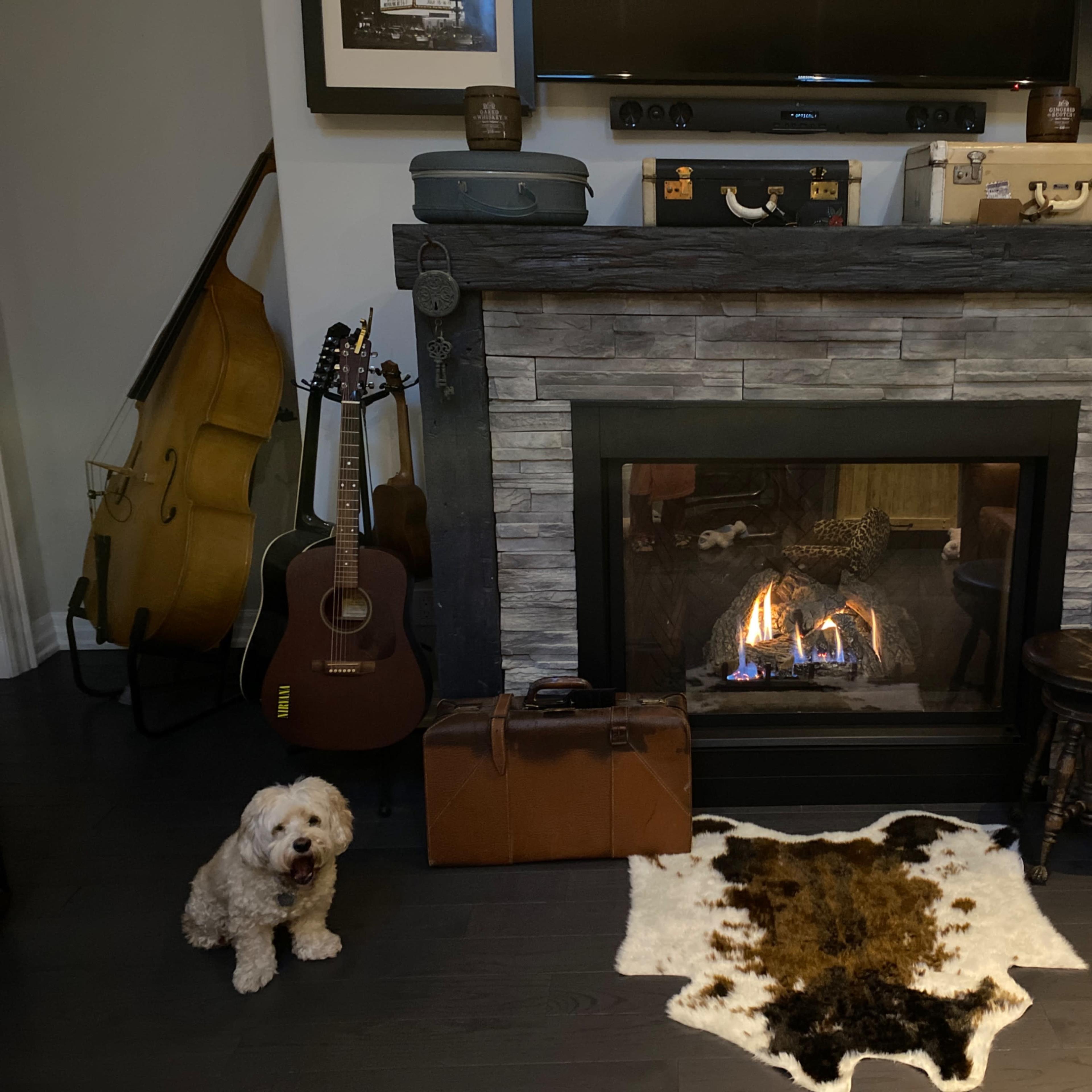 A cozy living room features a stone fireplace with a fire burning, surrounded by a brown sofa, musical instruments, and a decorative cowhide rug.