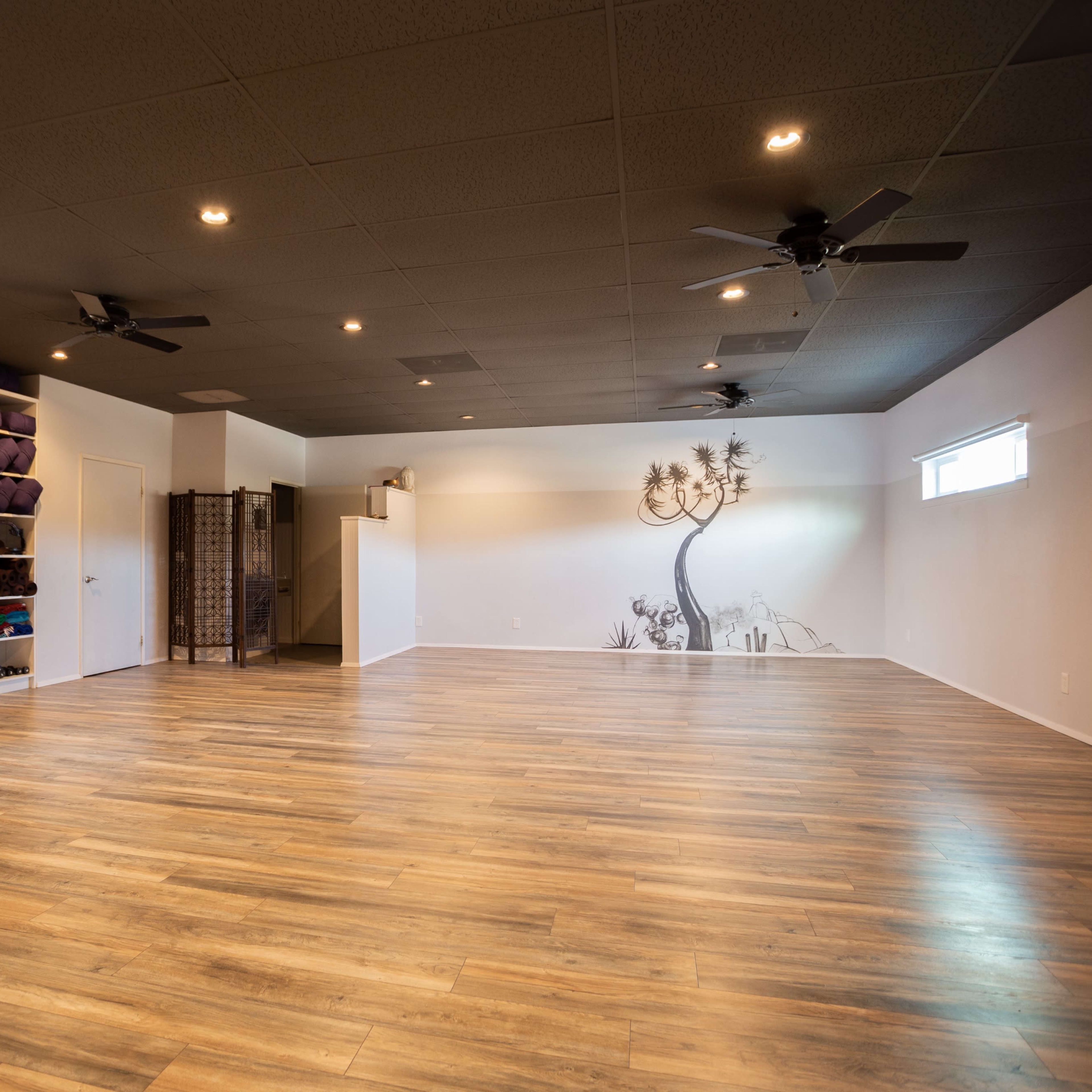 A spacious yoga studio featuring wooden floors, a wall mural of a tree, shelving with neatly stacked yoga mats, and two ceiling fans.