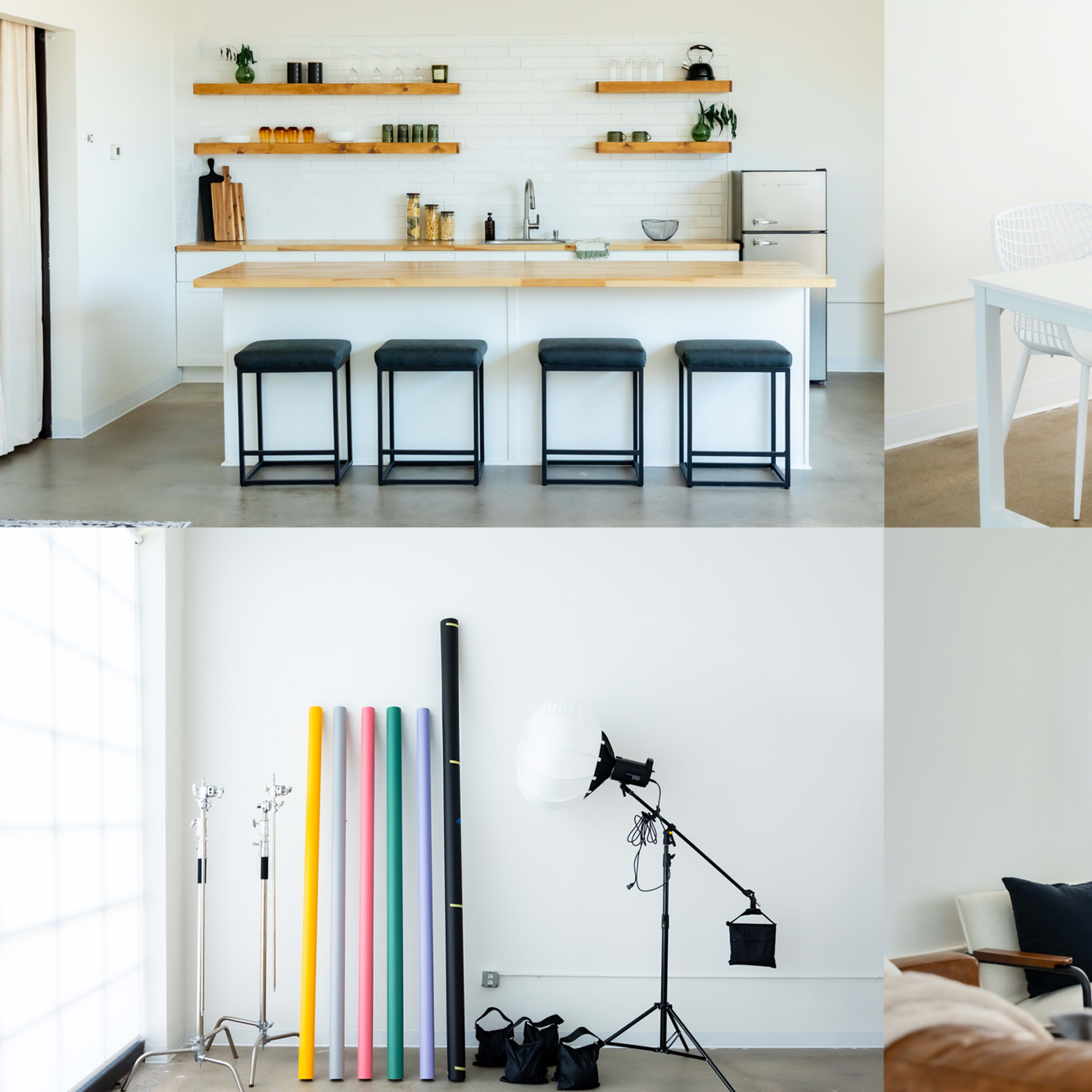 Bright Natural Light Photography Studio with Living Room, Kitchenette, and Conference Table Lifestyle Spaces Image in Dallas, Dallas, TX