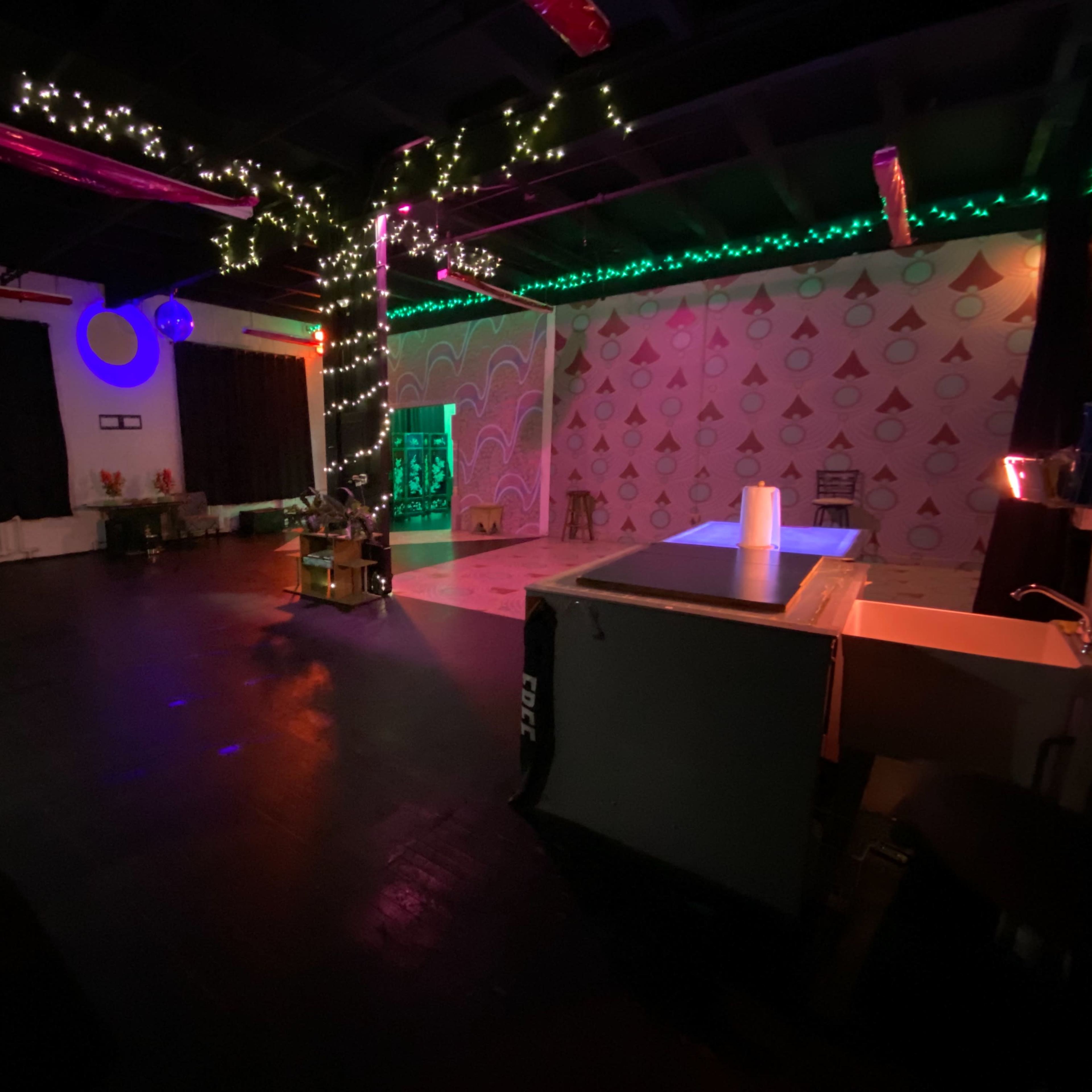A spacious room with dark flooring, decorated with colored lights, a tree wrapped in fairy lights, and patterned wallpaper.