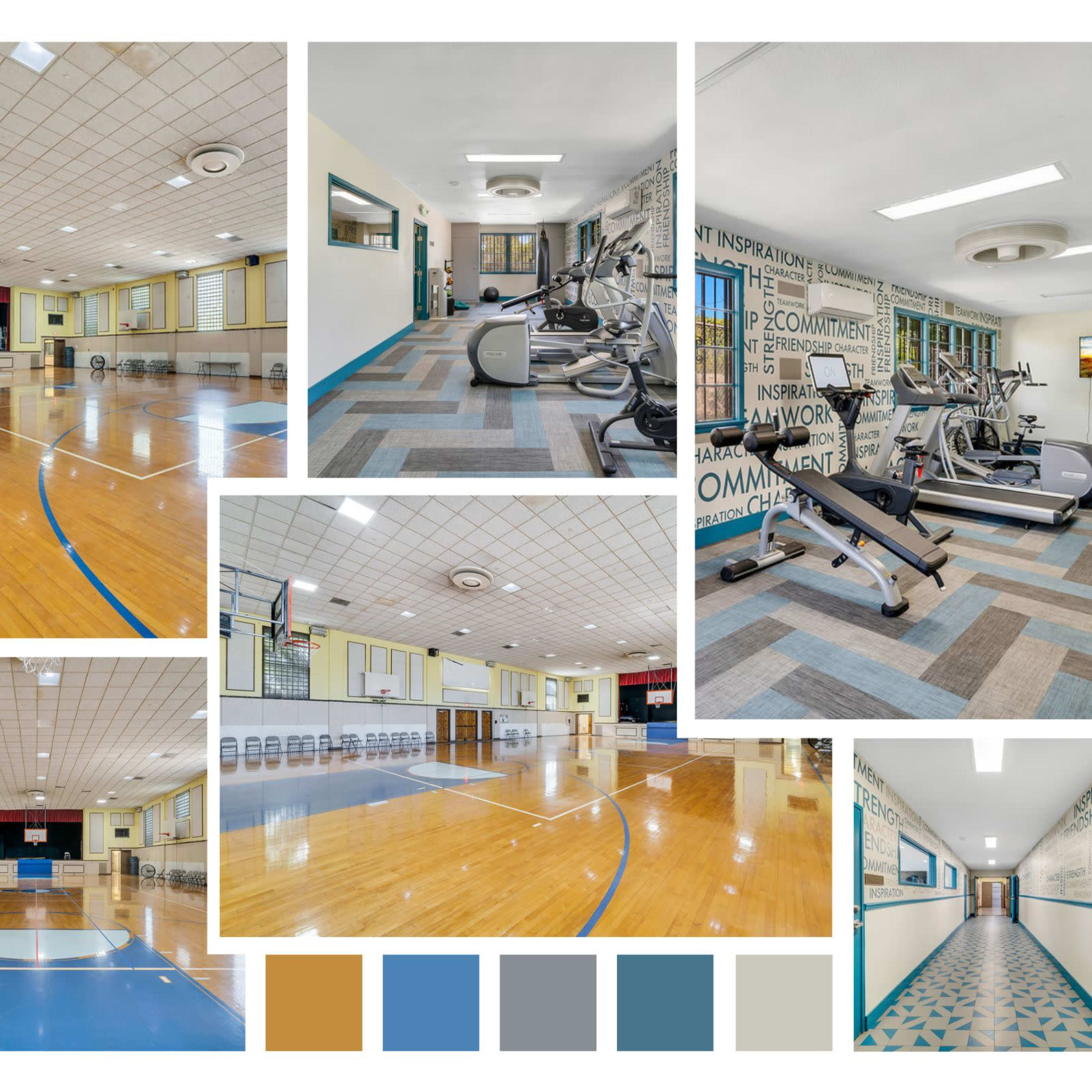 A multi-purpose sports facility featuring a gymnasium, exercise area with equipment, and a hallway, all prominently displaying hardwood floors and various wall designs.