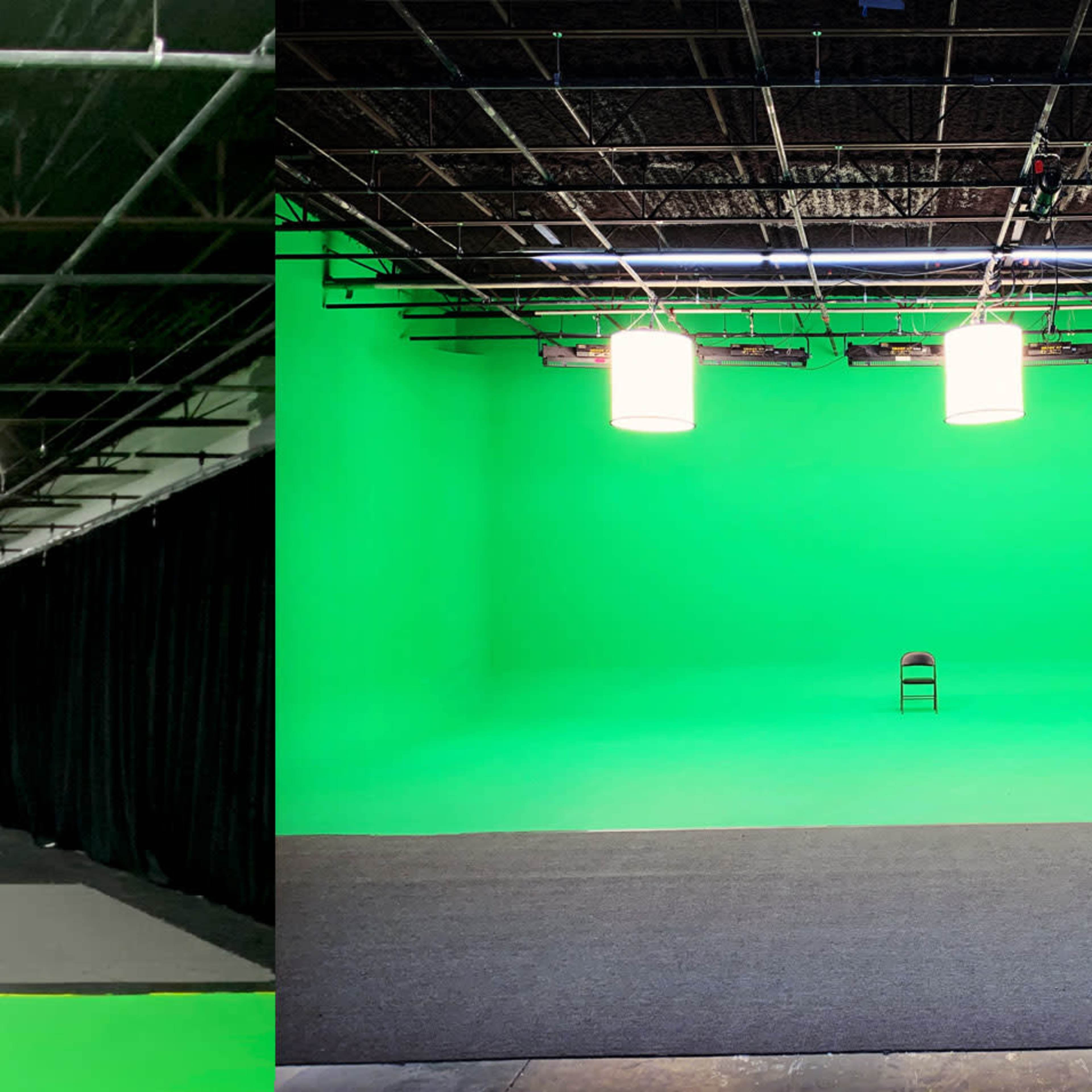 Two contrasting studio setups: on the left, a partially green and partially black space with overhead lighting; on the right, a fully green screen environment with a single chair in the center.