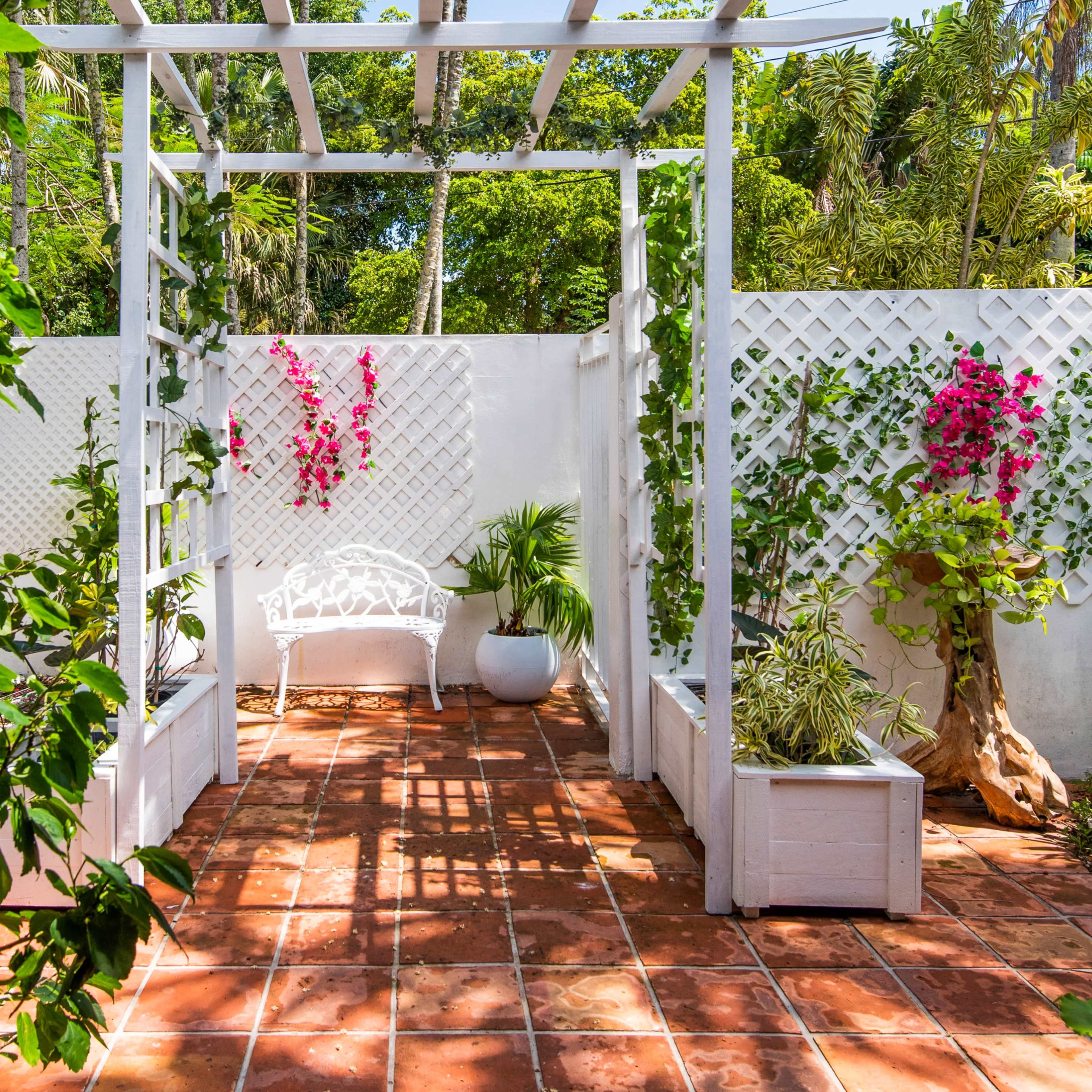A white trellis covered with pink flowers frames a patio with terracotta tiles, surrounded by greenery and tall palm trees under a blue sky.