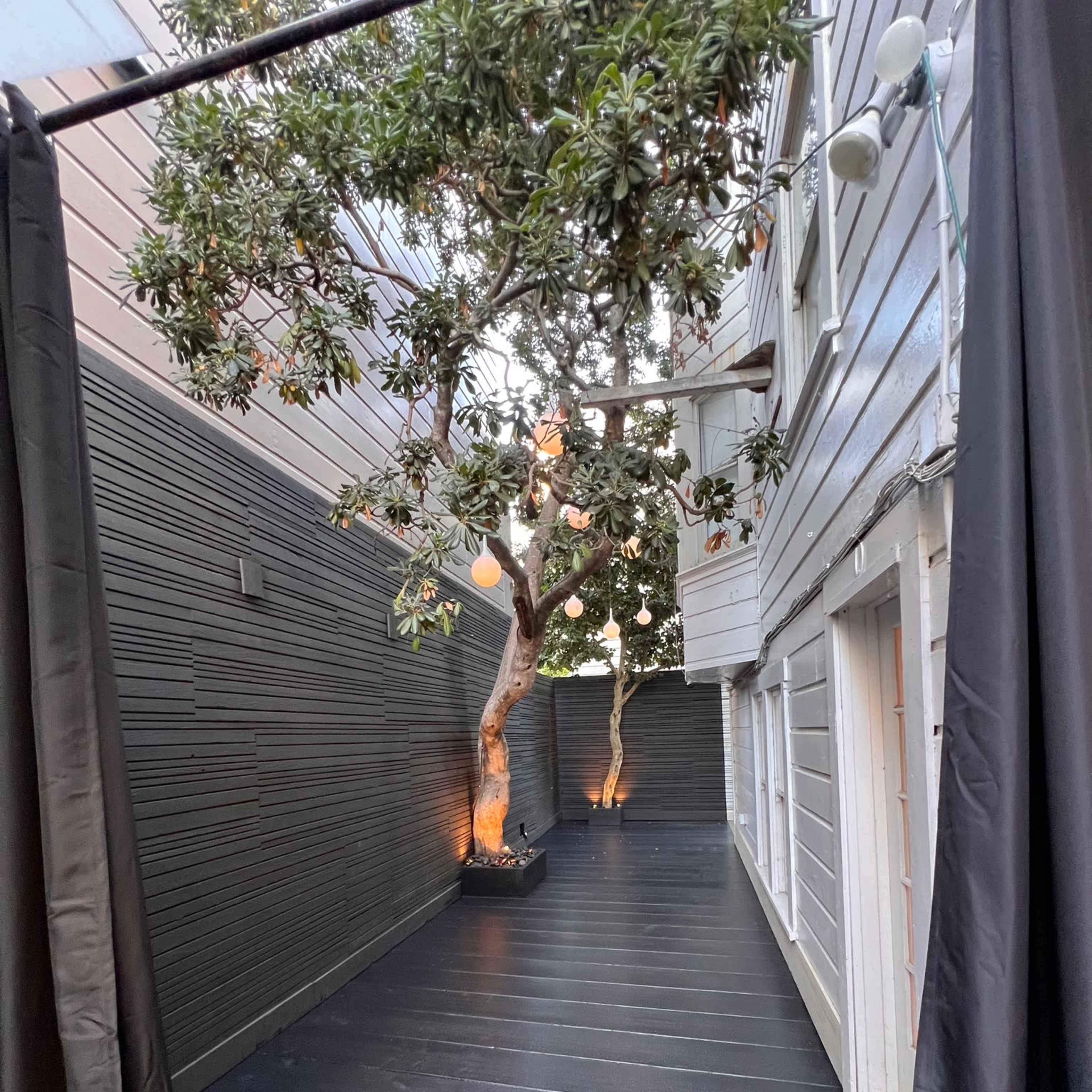 A narrow outdoor space with a wooden deck, flanked by walls, featuring a tree in the center and light fixtures above.
