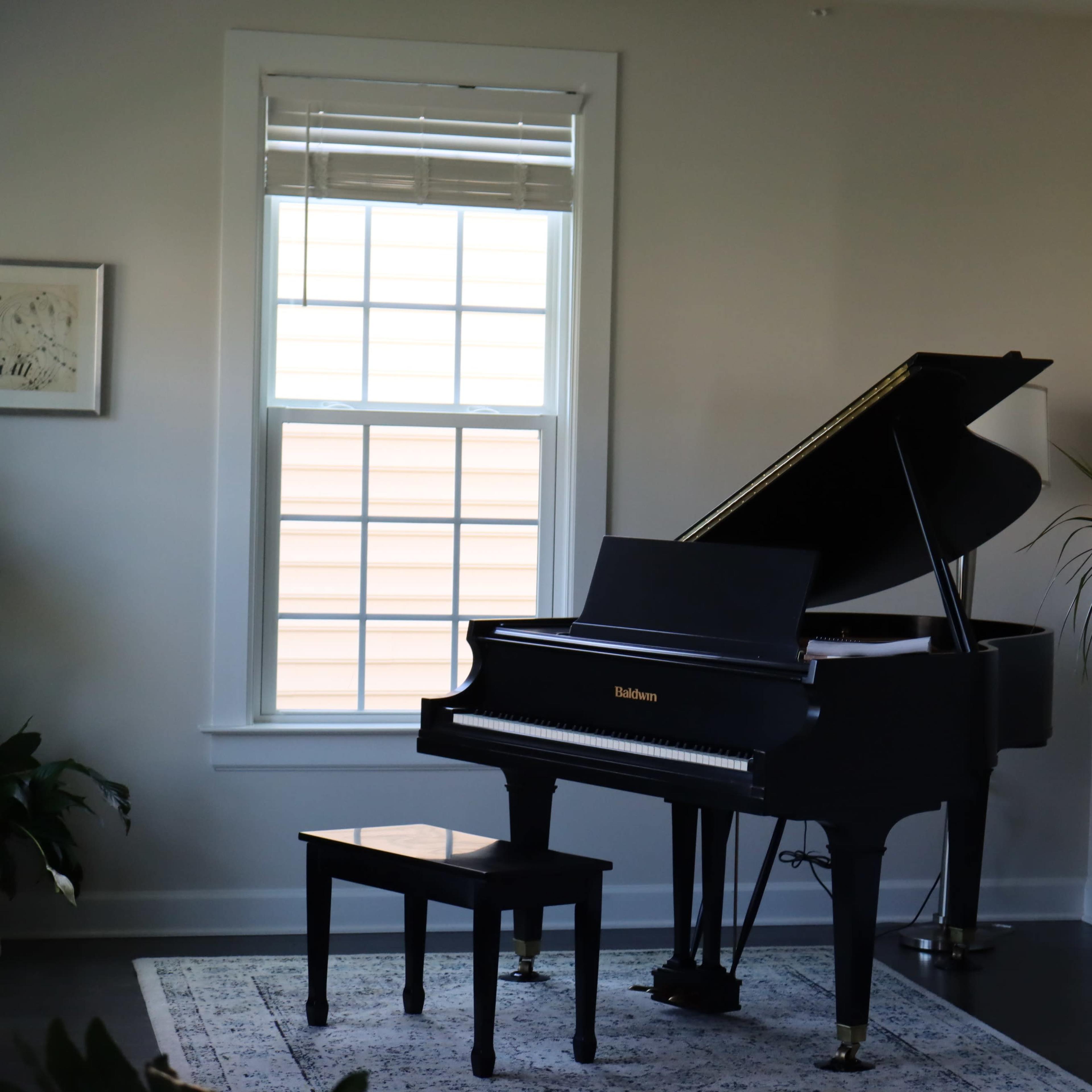 A black grand piano is positioned in a bright room next to a tall window, accompanied by a small bench and surrounded by decorative plants.