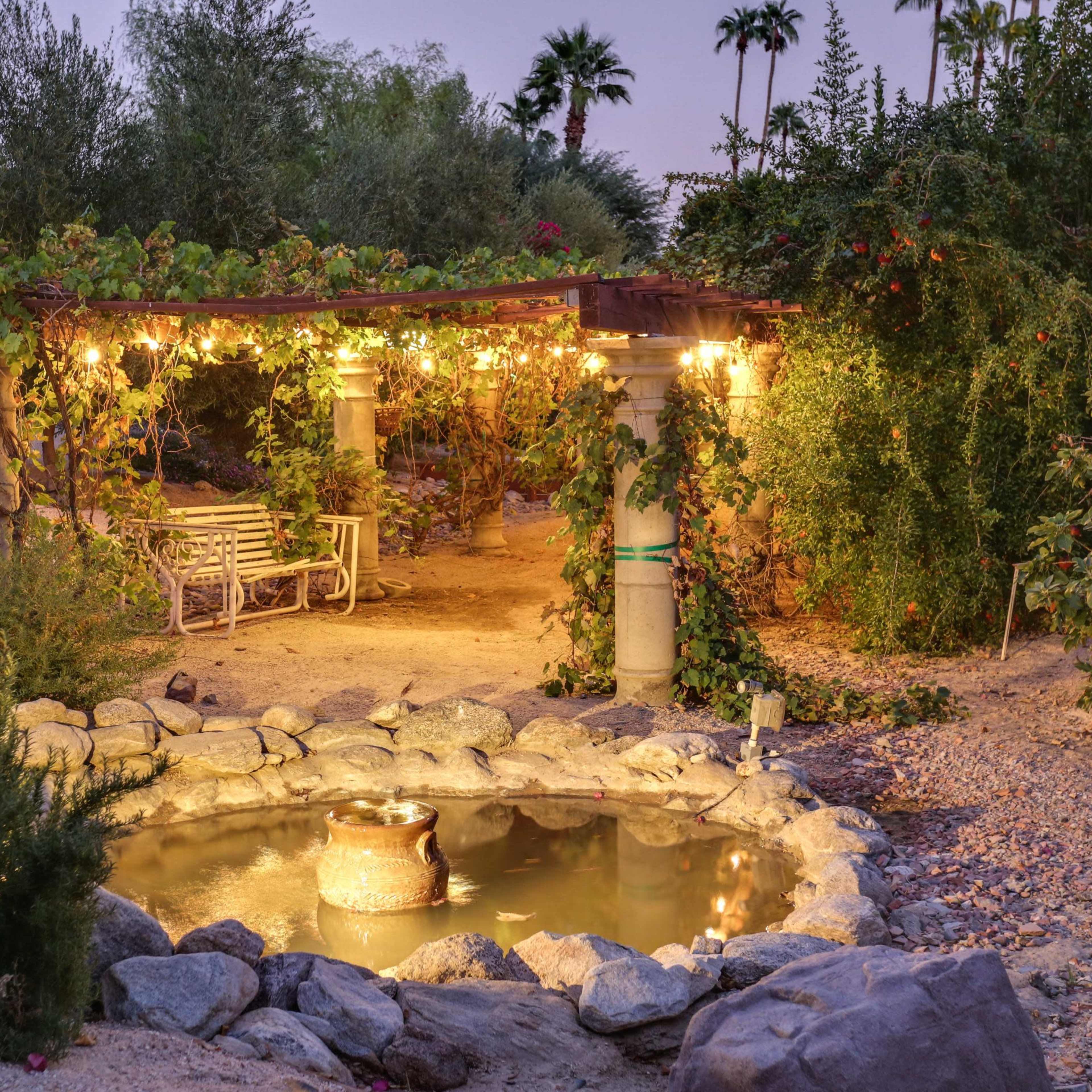 A stone pond with a rustic pot sits at the center of a garden featuring a vine-covered pergola illuminated by hanging lights.