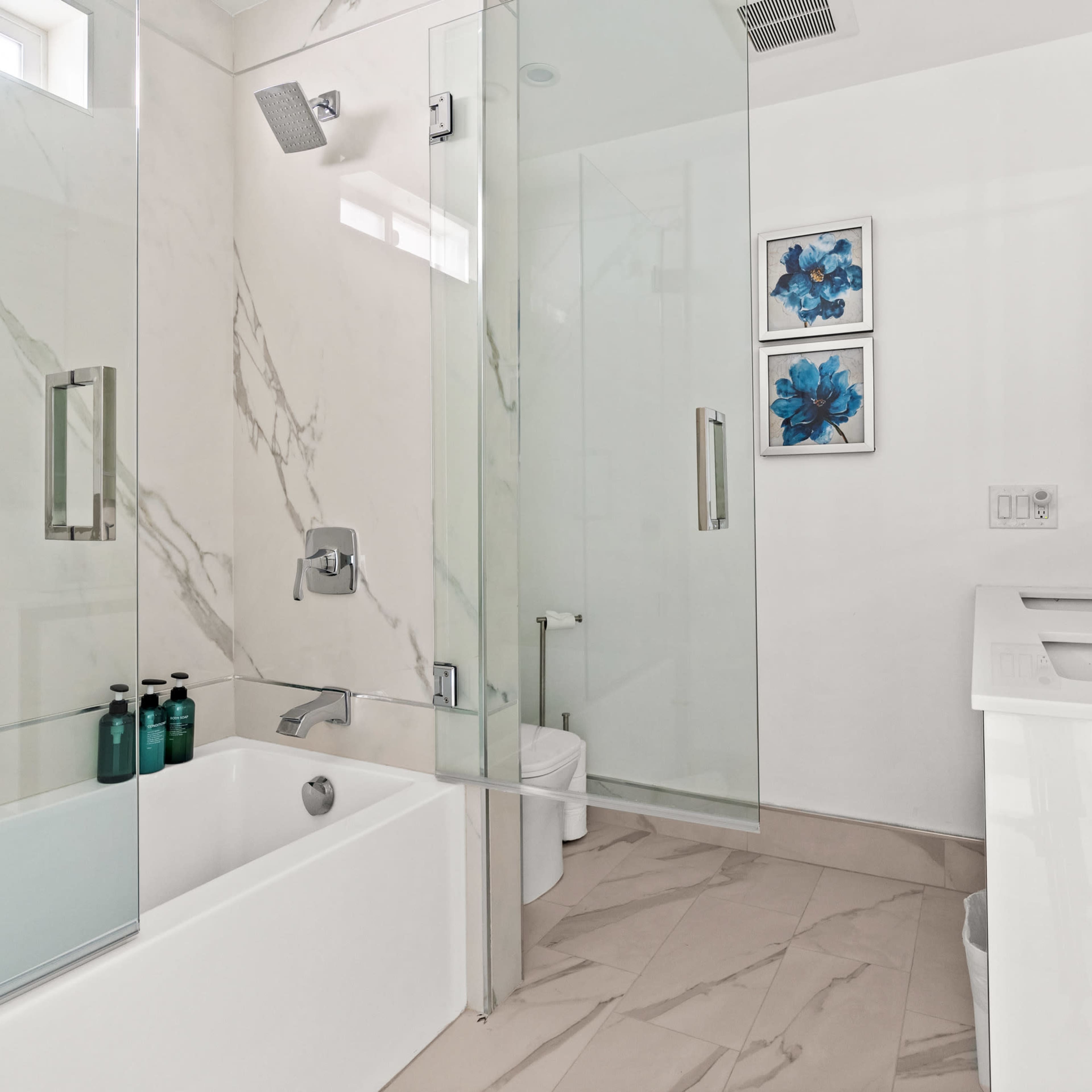 A modern bathroom featuring a glass shower enclosure, a white bathtub, and a vanity with two framed floral artworks on the wall.