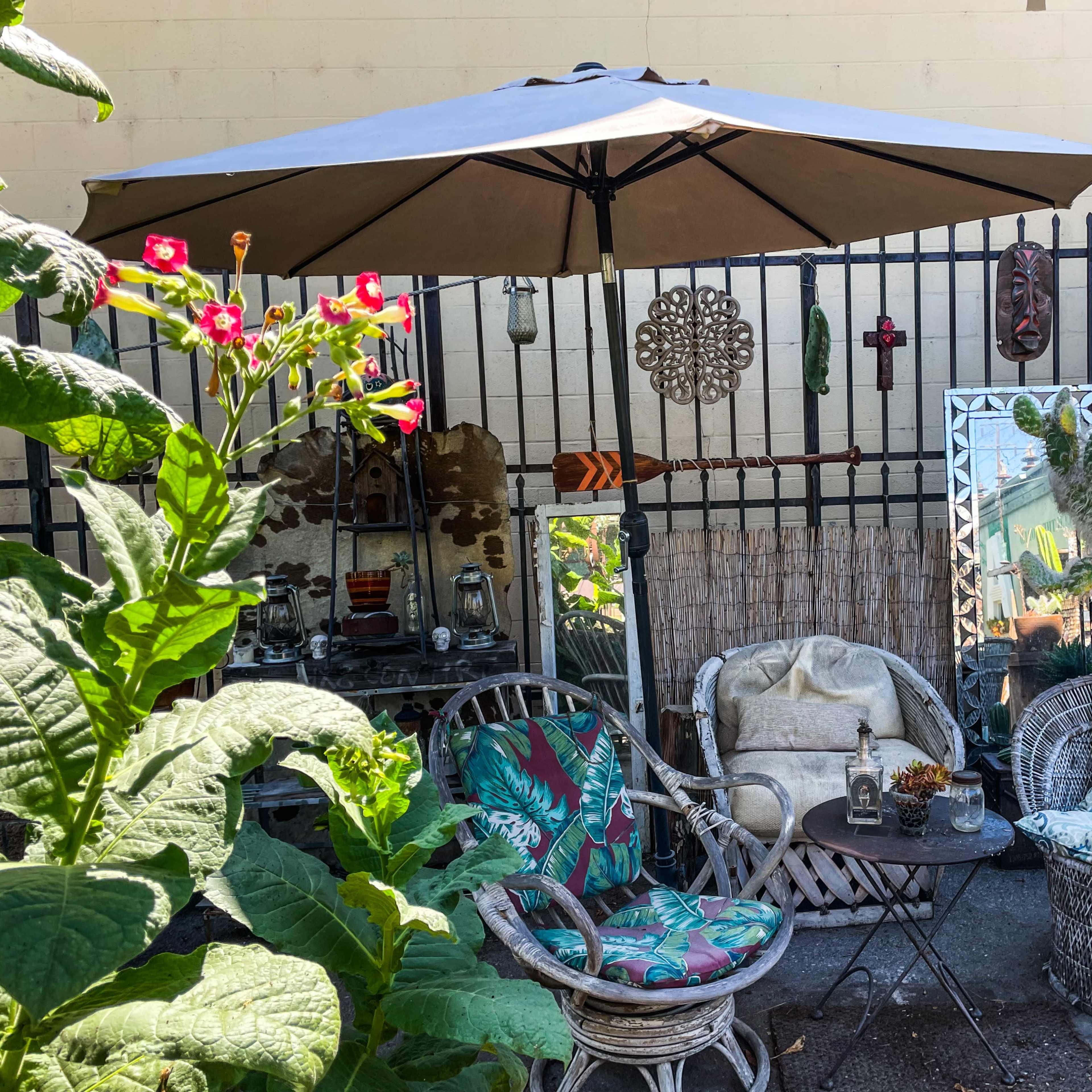 A shaded outdoor seating area features a small table, decorative mirrors, and a backdrop of various artifacts and plants.