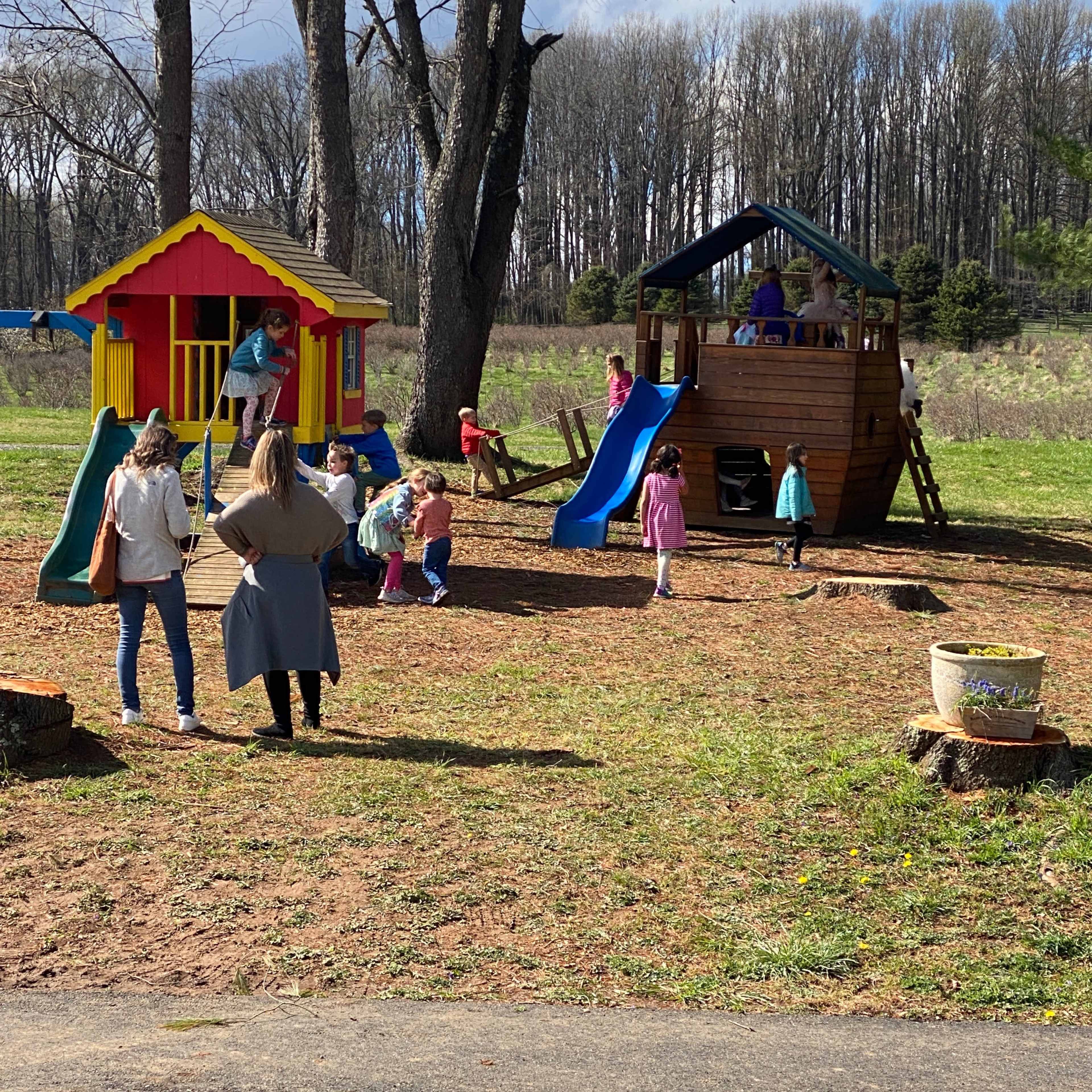 Children play on a colorful playground with a wooden structure and slides while adults watch nearby in a grassy area surrounded by trees.