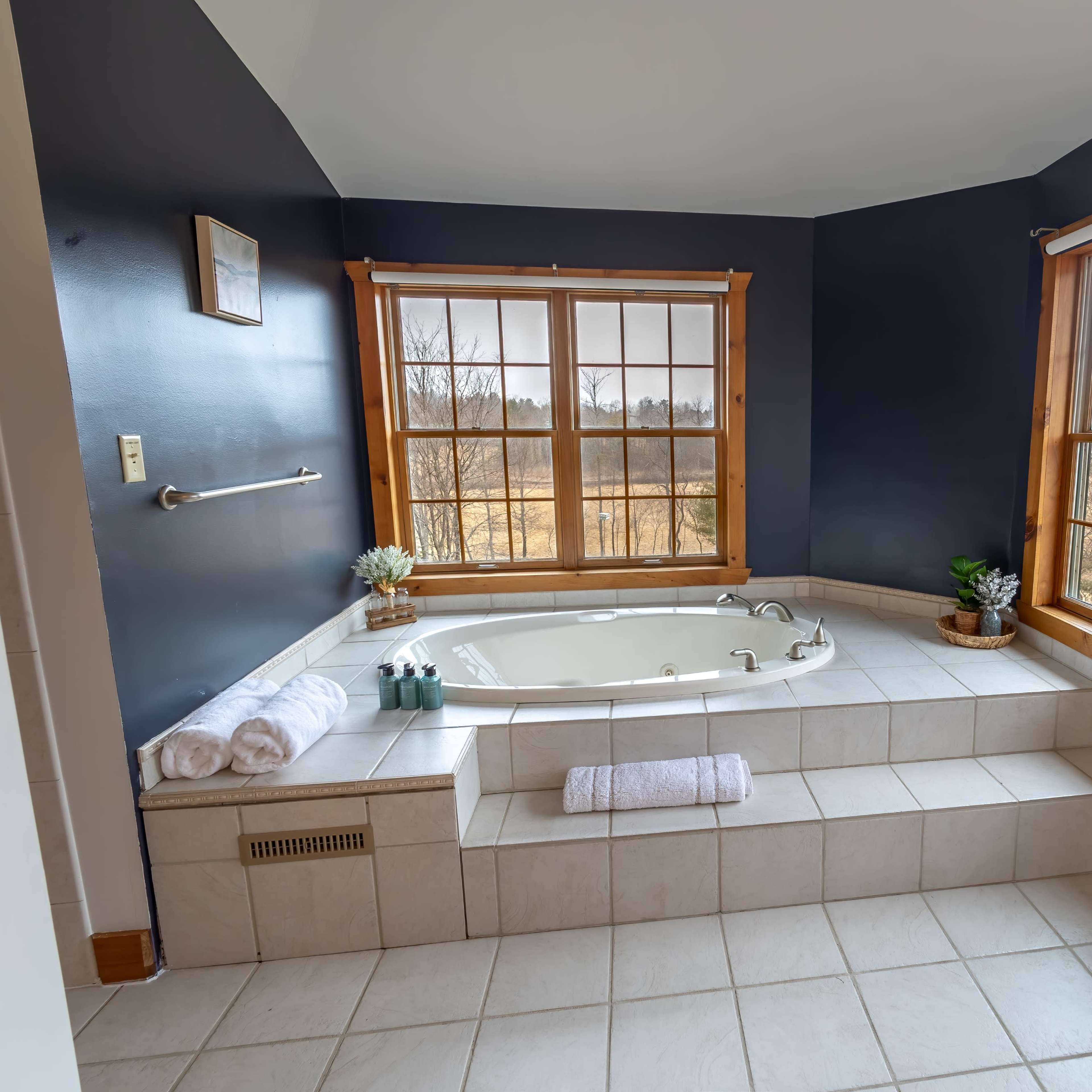 A bathroom featuring a large, sunken bathtub positioned by two windows with views of the outdoors.