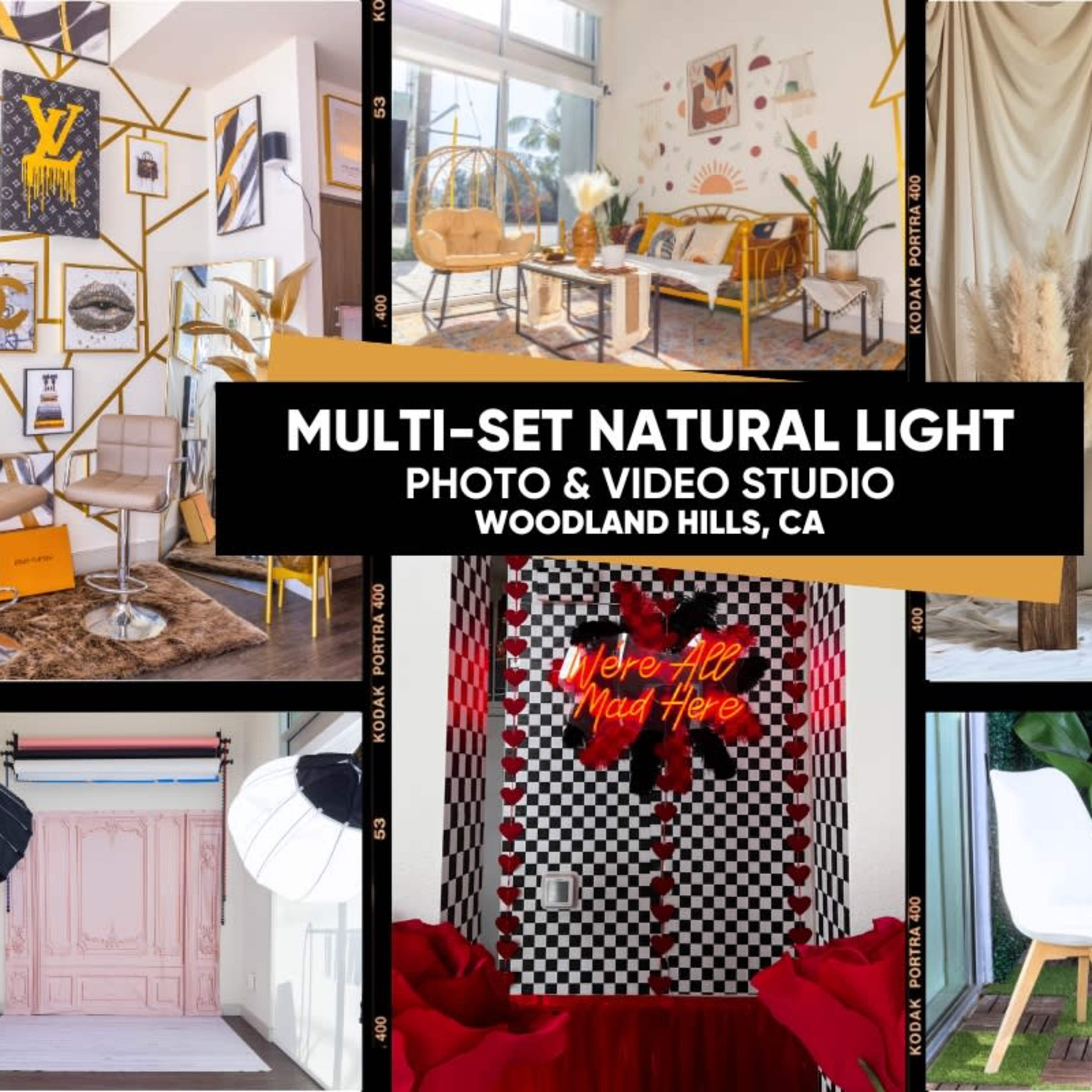 A collage of various photo and video studio settings in Woodland Hills, CA, featuring different backdrops and furniture arrangements.
