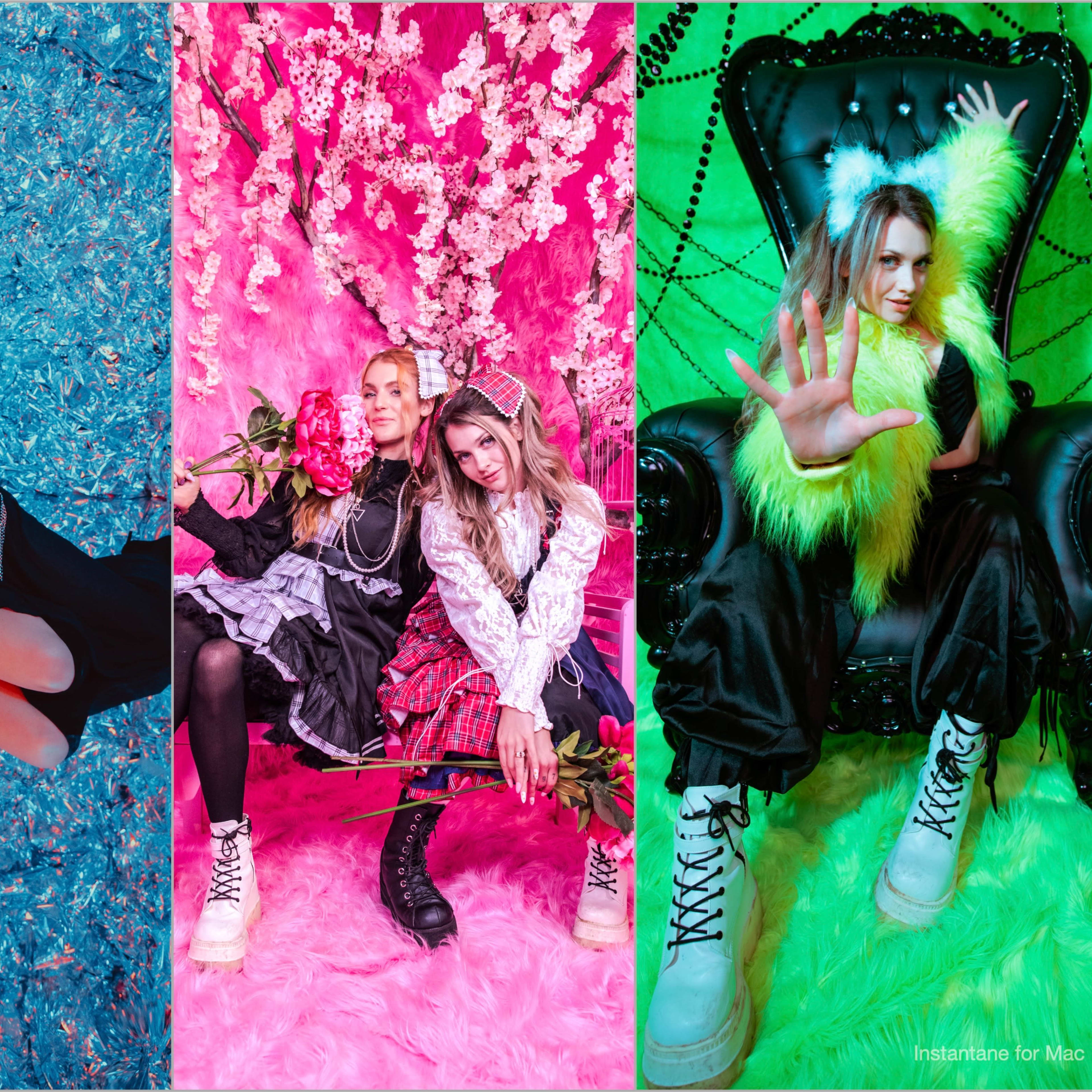 Three women pose against vibrant backgrounds: one lies on a blue surface, another sits with pink flowers, and the third raises her hand while seated on a black chair with green fur.